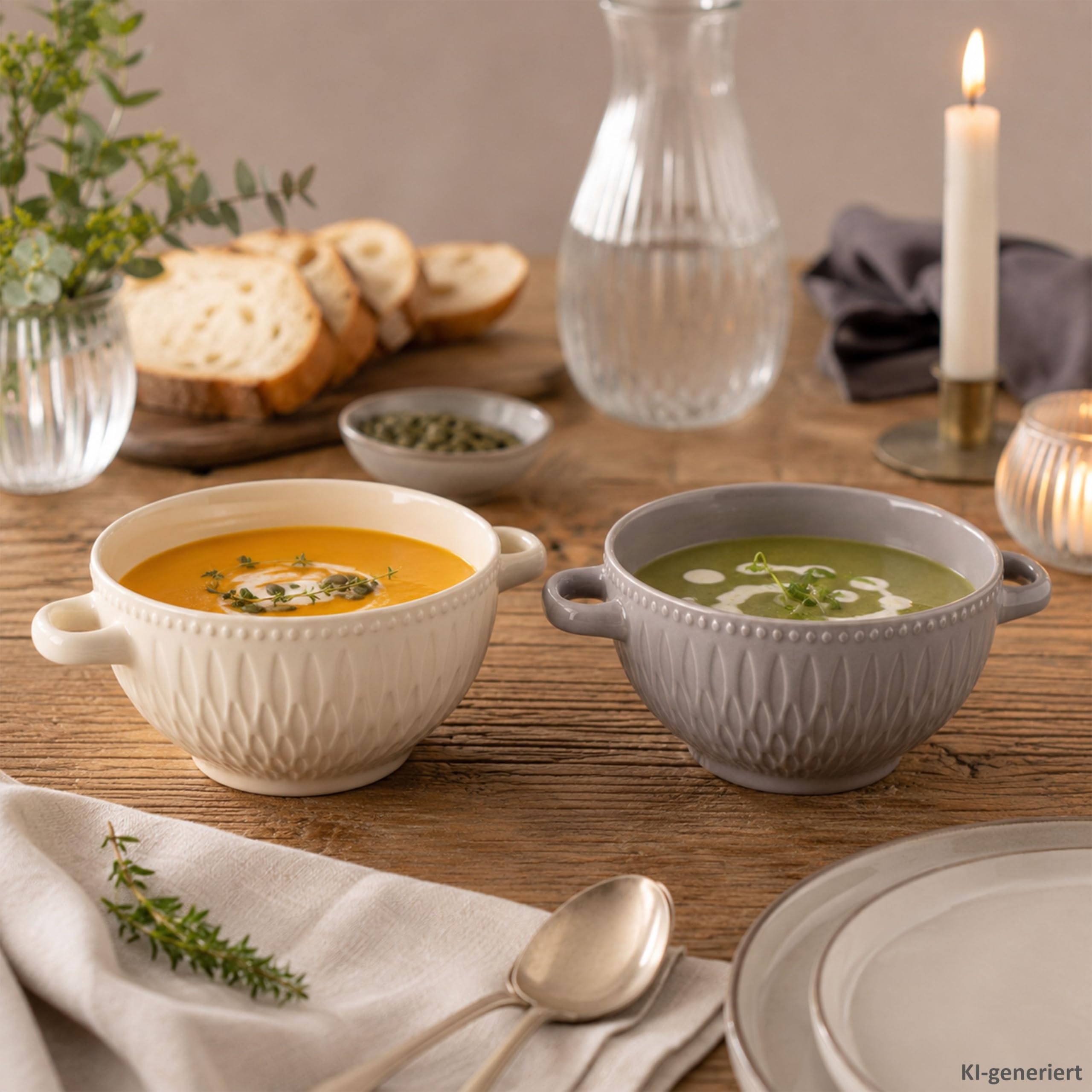 MamboCat Biko 6er Set Suppentassen I 650ml I 6 Personen I Keramiktassen in je 3X Vanille & Grau I Suppentasse mit Henkeln & Reliefdekor für Suppe, Eintopf, Bowl & Ramen