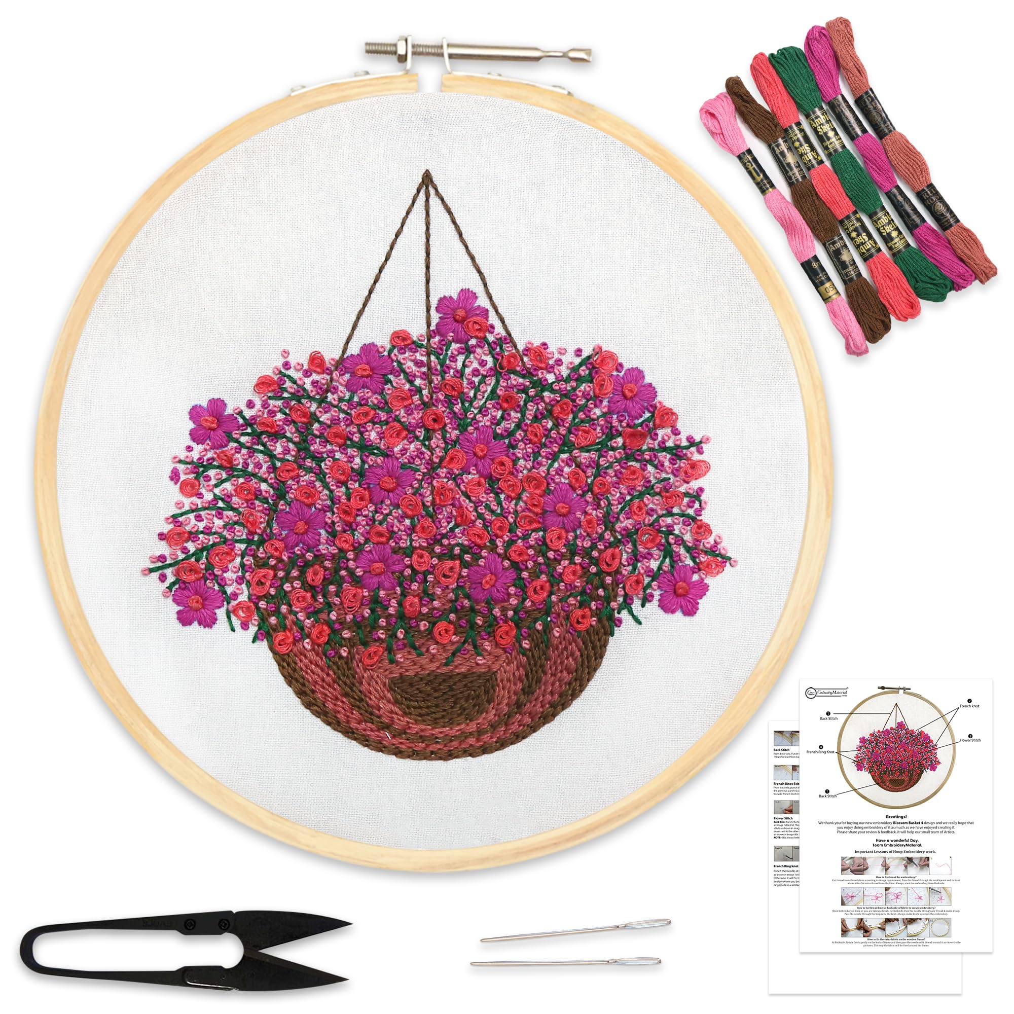 Embroiderymaterial Paper Embroidery Kit For Beginners/Cross Stitch Blossom Basket Design Digital Printed Cloth & Written Instructions All Material Included (Blossam Design 4Th Color),Multi-Coloured