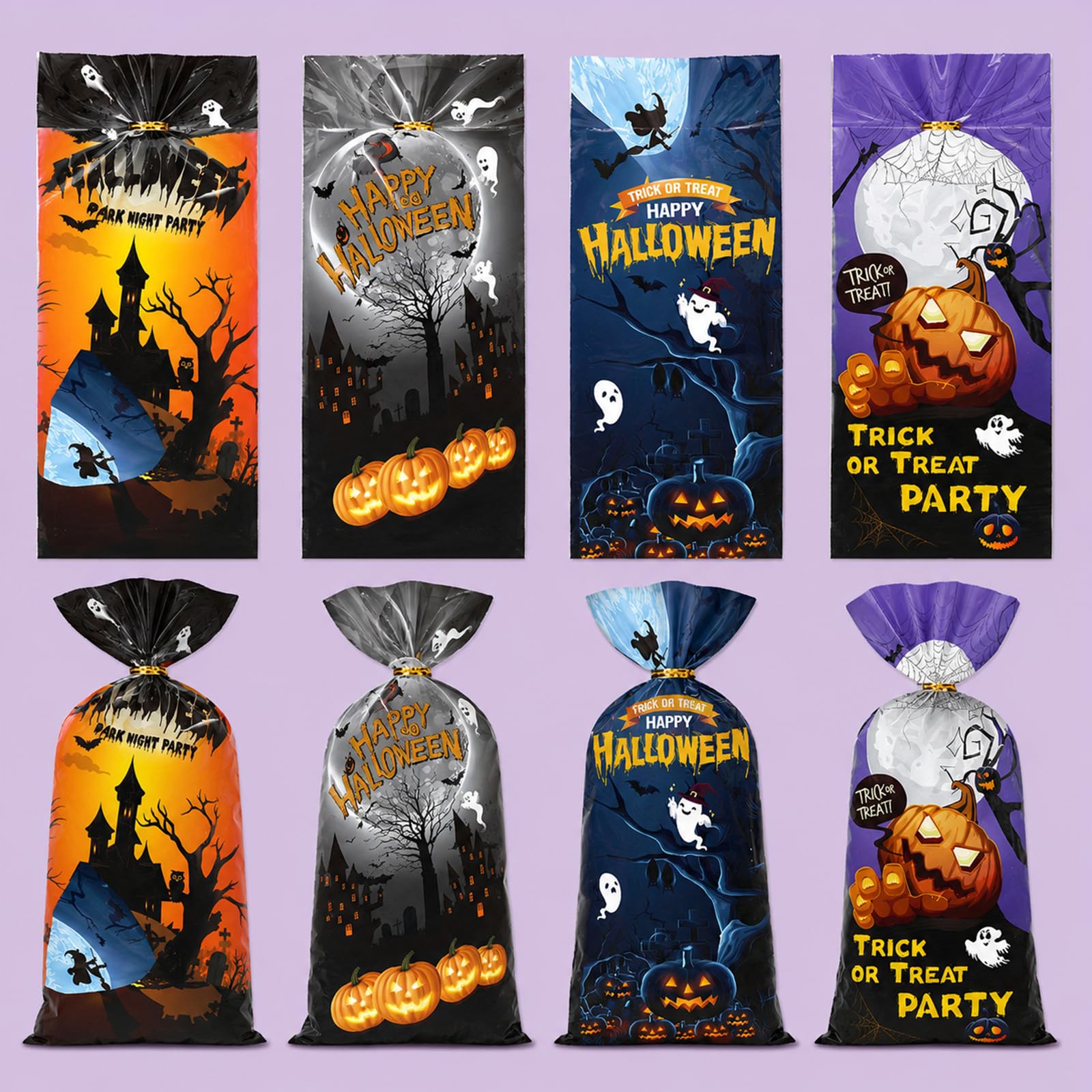 Halloween Sweet Bags With Ties, 50-Pack, 4 Designs, 12.5 × 27.5 cm
