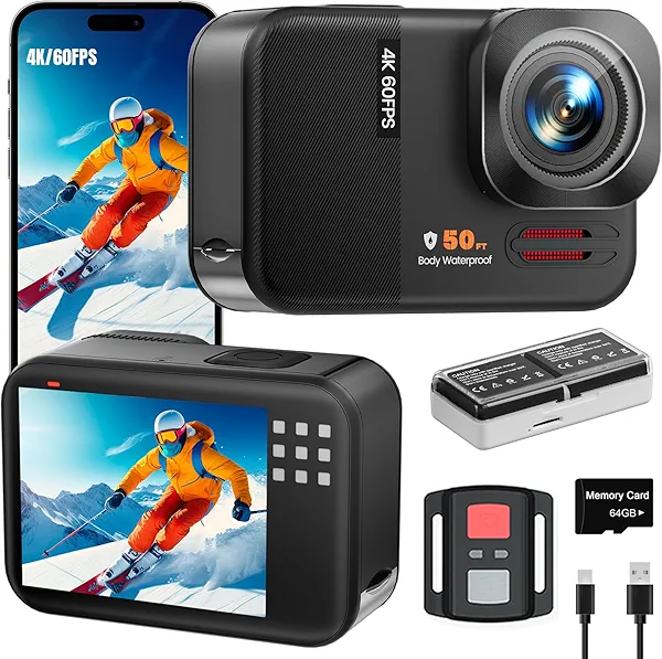 Euorosi 4K 60FPS 48MP WiFi Action Camera with Touch Screen, 50FT Underwater Waterproof Camera, No Case Needed, EIS Motorcycle Camera, 8X Zoom, 64GB Card, Remote Control, Batteries & Mounting Kits