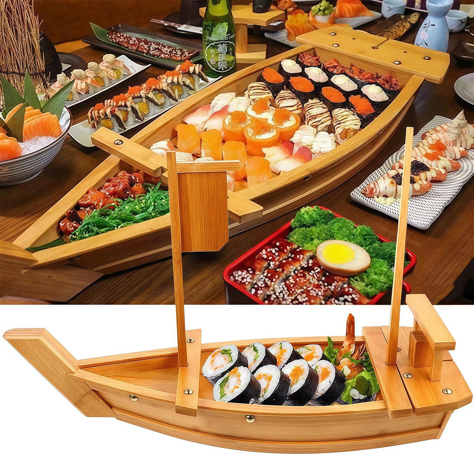 Générique Plateau de Service en Bois en Forme de Bateau à sushis pour la présentation des Aliments à la Maison et Lors d'événements (80 cm)
