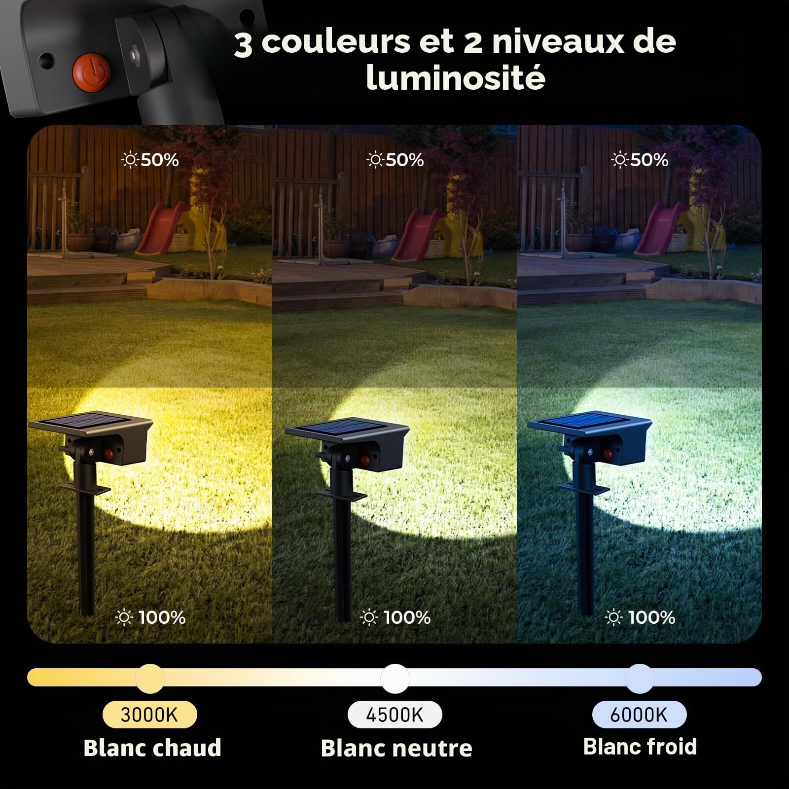 btfarm Lot de 6 Lampe Solaire Extérieur IP65 Étanches 3 Couleurs 3000/4500/6000 K Projecteurs Solaire Jardin Allée Chemin