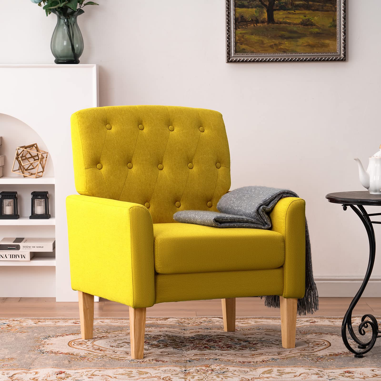 IDEALISMLIVING Modern Accent Chair, High Back Tufted Arm Chair in Merritt Fabric, Comfy Single Sofa Chair with Solid Wooden Legs for Living Room, Bedroom, Reading Room, Club(Mustard Yellow)