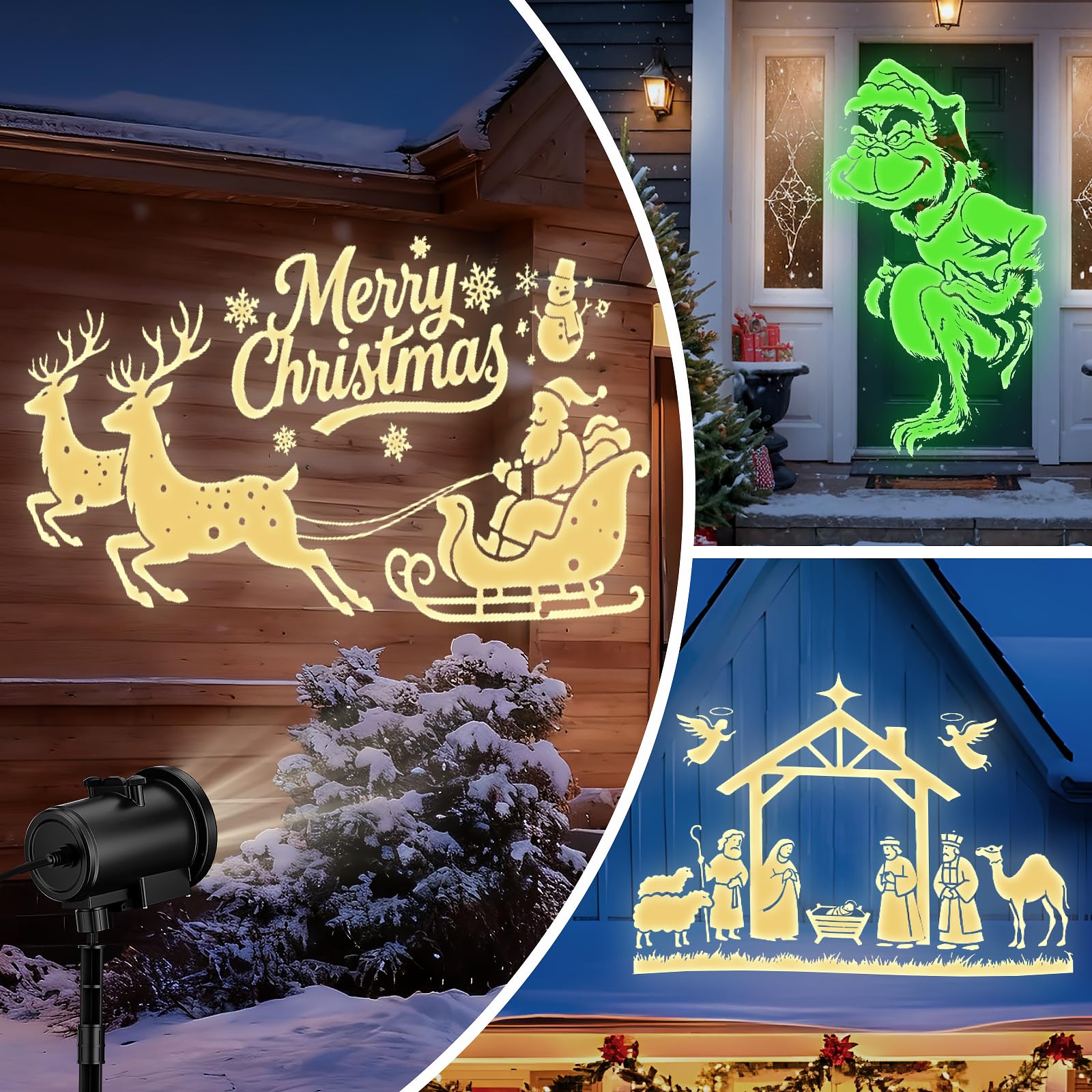 Weihnachten Deko Outdoor Innen,3D Dynamische Halloween Projektor, Wasserdicht LED Projektionslampe mit Schlitten,Jesus,Schädel,Fledermaus für Wand Friedhof Fenster Garten Hof Party Deko Projector