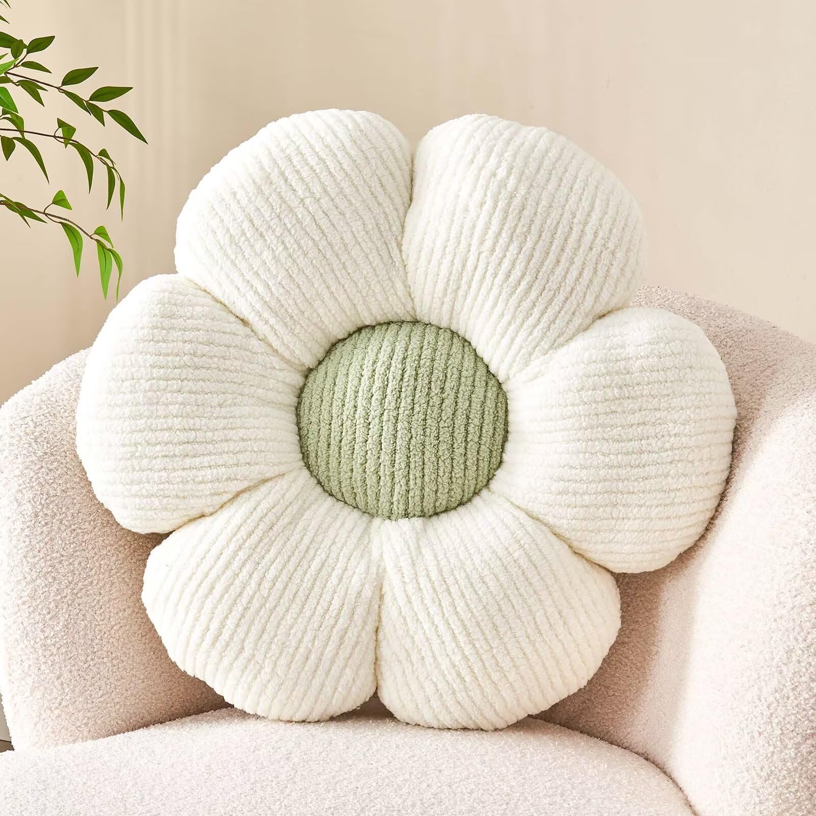 Kcvvcr Flower Throw Pillow, Soft White Green 17.7" Shaped Floor Pillow for Home Decor, Cute Aesthetic Plush Decorative Pillows for Bed, Sofa, Couch