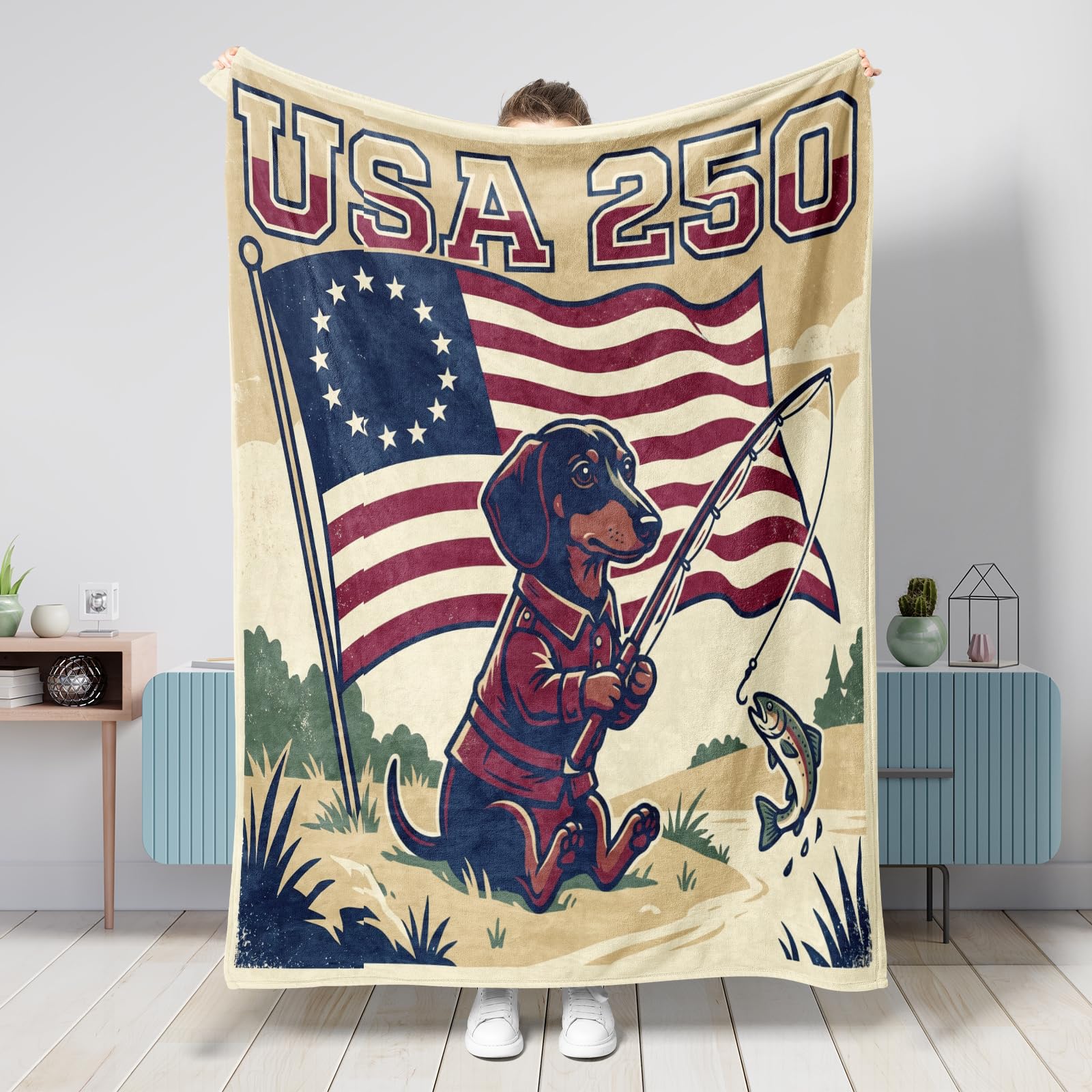 Manta de perro salchicha de 50 x 60 pulgadas, manta de franela suave y acogedora para sofá, cama, playa, viajes, decoración patriótica del sofá del hogar