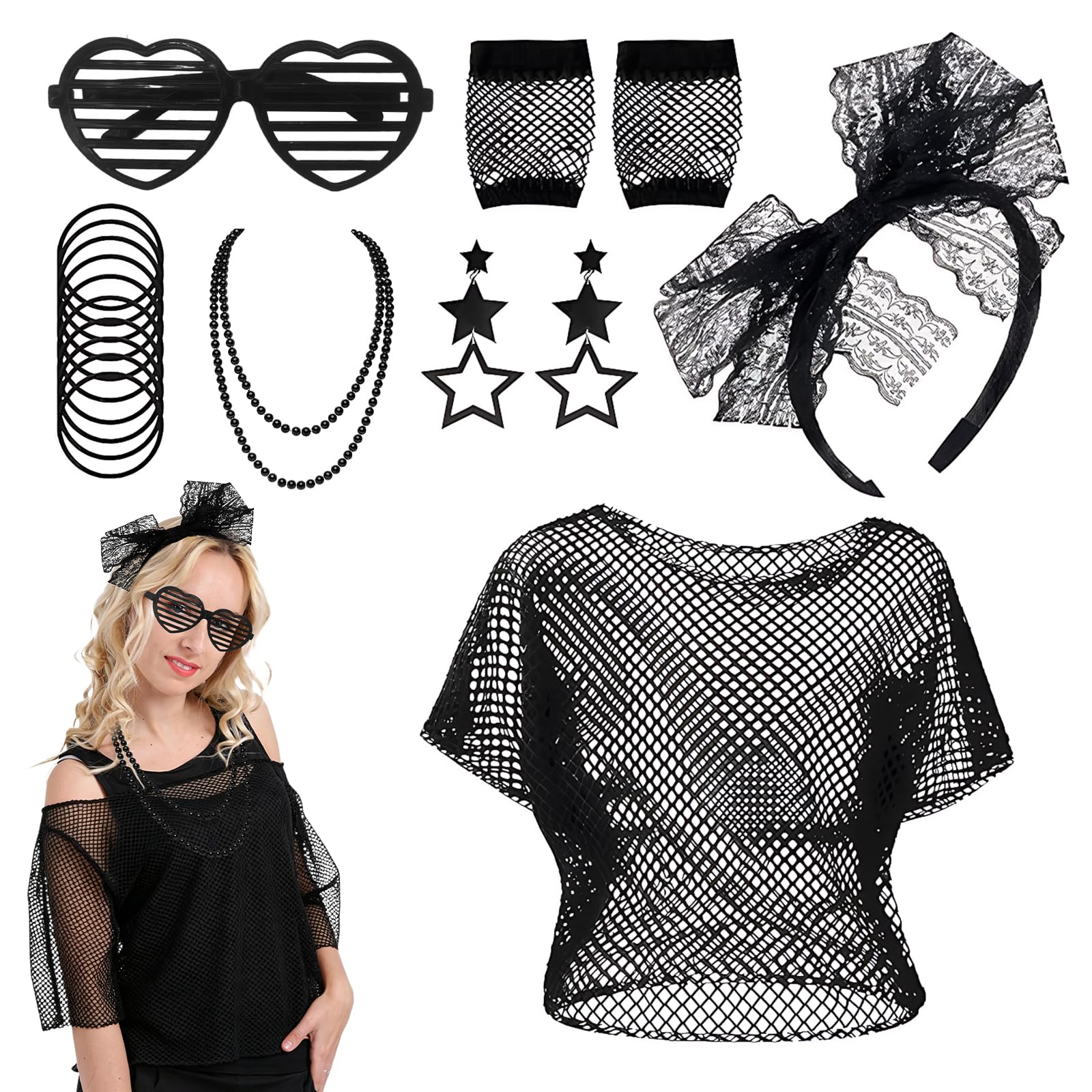 Yirrmiwn 80s Fancy Dress for Women, 7Pcs Black Retro 80s Accessories Set Includes Fishnet T-shirt, Fishnet Gloves, Headband, Earrings, Necklace, Bracelets, Glasses for Ret-ro Party for Retro 80s Party
