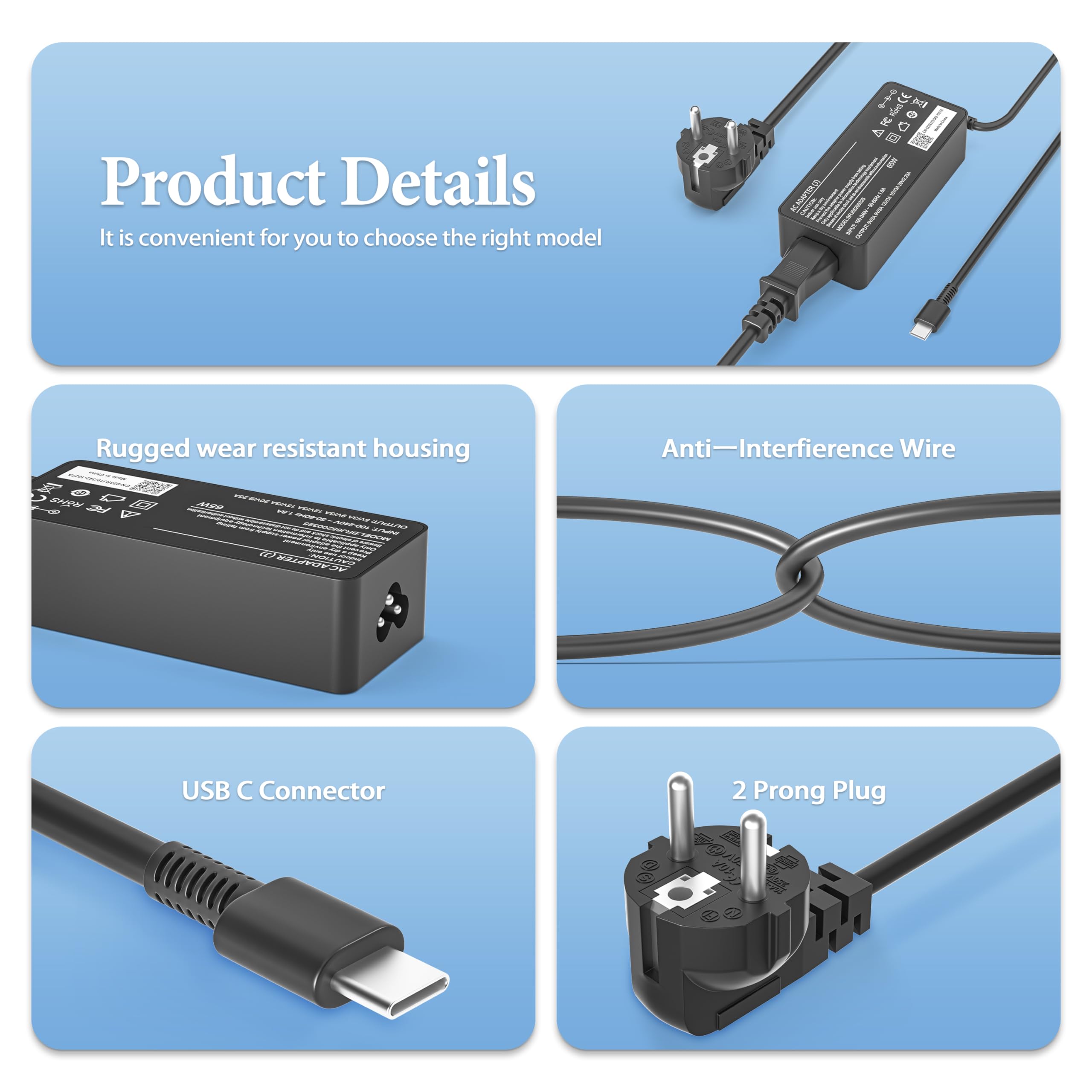 ANTWELON 65W USB C Alimentatore Tipo C Caricatore Portatile per Dell Latitude 5420 5520 7275 7370 7400 Chromebook 3100 3400 XPS 13 9250 9360 9365 9370 20V 3,25A PC Charger Adattatore
