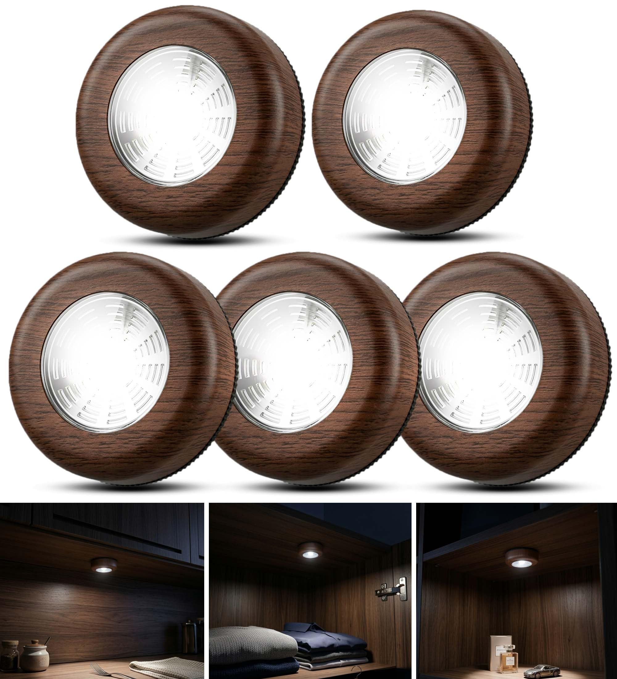 Cupboard Light Battery Operated, 5 PACK Push Lights Battery Powered Stick On Lights Puck lights Tap Wall Light Self Adhesive Lighting for Under Cupboards, Cabinets, Counters, Closets, Wardrobe