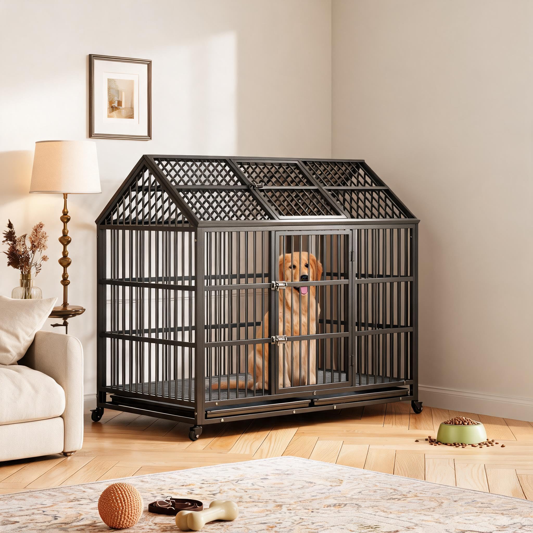 garvee 52 inches heavy duty dog crate, large metal dog cage with roof top, 2 door pet cage house with removable tray and wheels for large dog