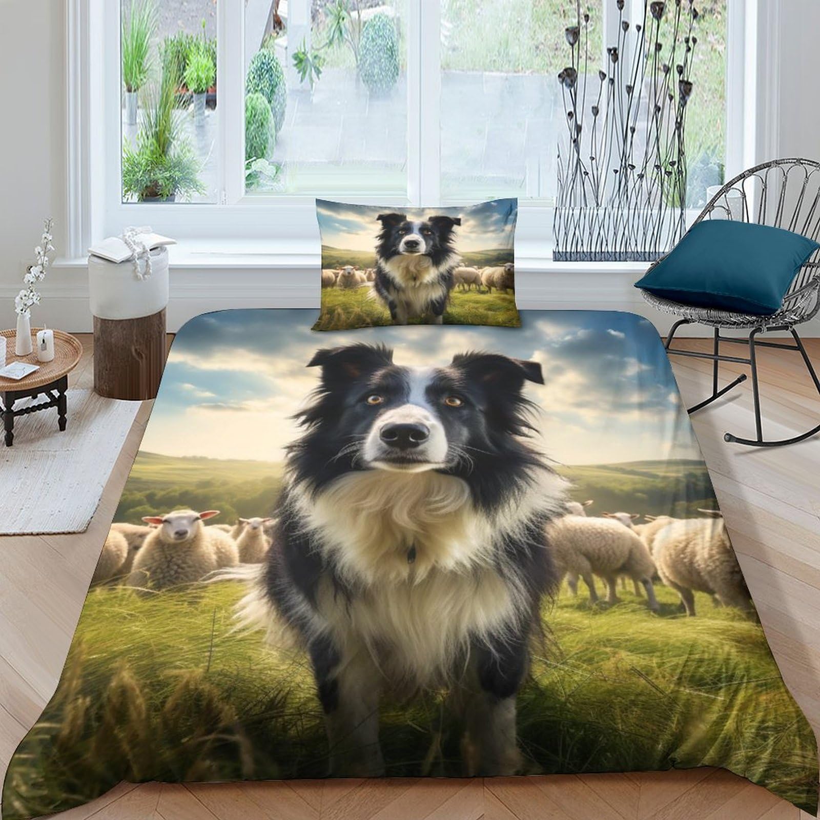 Geeyou Border Collie Comfortable Duvet Cover Set Luxe Dog Quilt Cover Set Hidden Zipper With Pillowcases Comforter Cover Soft Microfiber Washable Bedding Set Single（135X200cm）