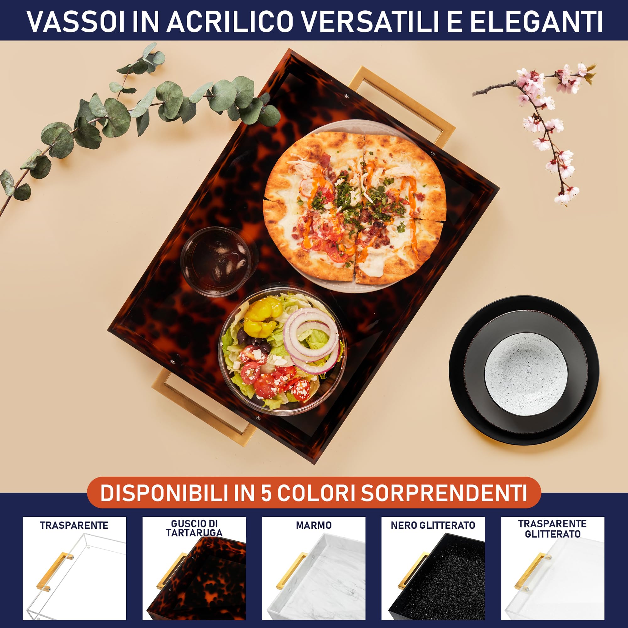Vassoio da Portata in Acrilico con Manici Dorati, 40,6 x 30,5 cm, Vassoio Decorativo per Tavolino da Caffè, a Prova di Fuoriuscita, Cucina, Vanità, Piatto per Feste (Guscio di Tartaruga)