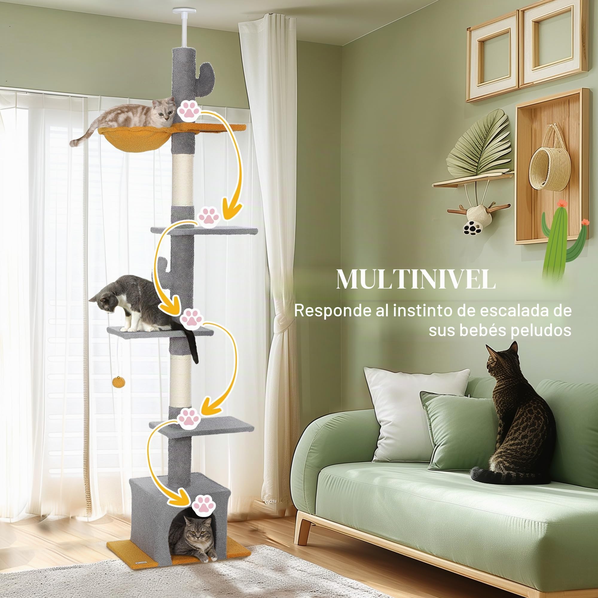 PawHut Árbol para Gatos de Suelo a Techo, Altura 275 cm, Torre de Juegos para Gatos, 6 Niveles, con Plataformas, Perrera, Hamaca, Pelota, Postes rascadores, para trepar, rascar y Jugar, Gris Claro | Torre de juegos para gatos, plataformas, nicho, pelota,