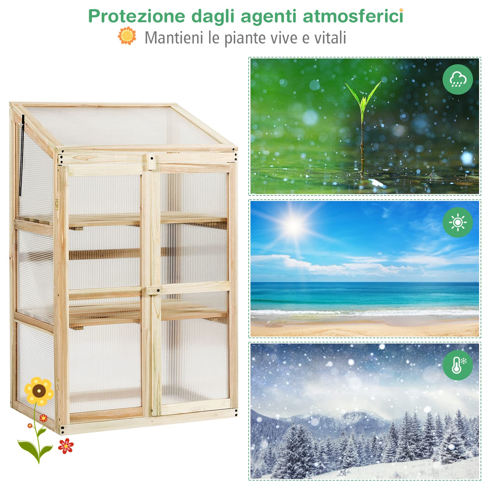 GYMAX Mini Serra Portapiante, in Legno e Policarbonato, Aiuola Trasparente a 3 Piani, Serra Vegetale, Coltivatore con Coperchio Apribile, Fioriera per Balcone, Giardino e Cortile, 60x45x100 cm