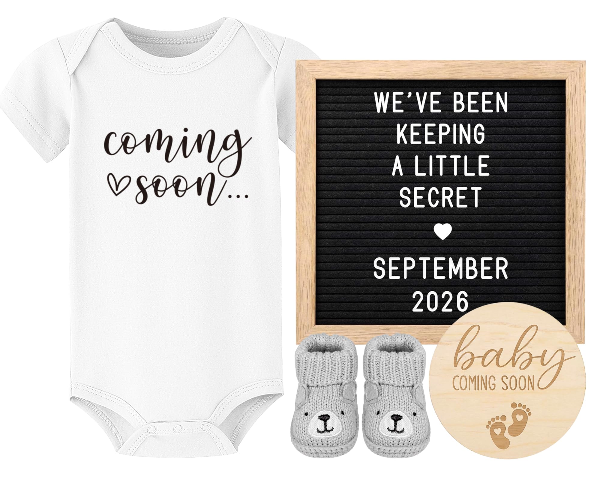 Pregnancy Announcement, Coming Soon Baby Announcement For Grandparents Dad Husband Family, Pregnancy Reveal Ideas, Gender Reveal Baby Shower Gifts -Felt Letter Board, Onesie, Booties, Wooden Sign
