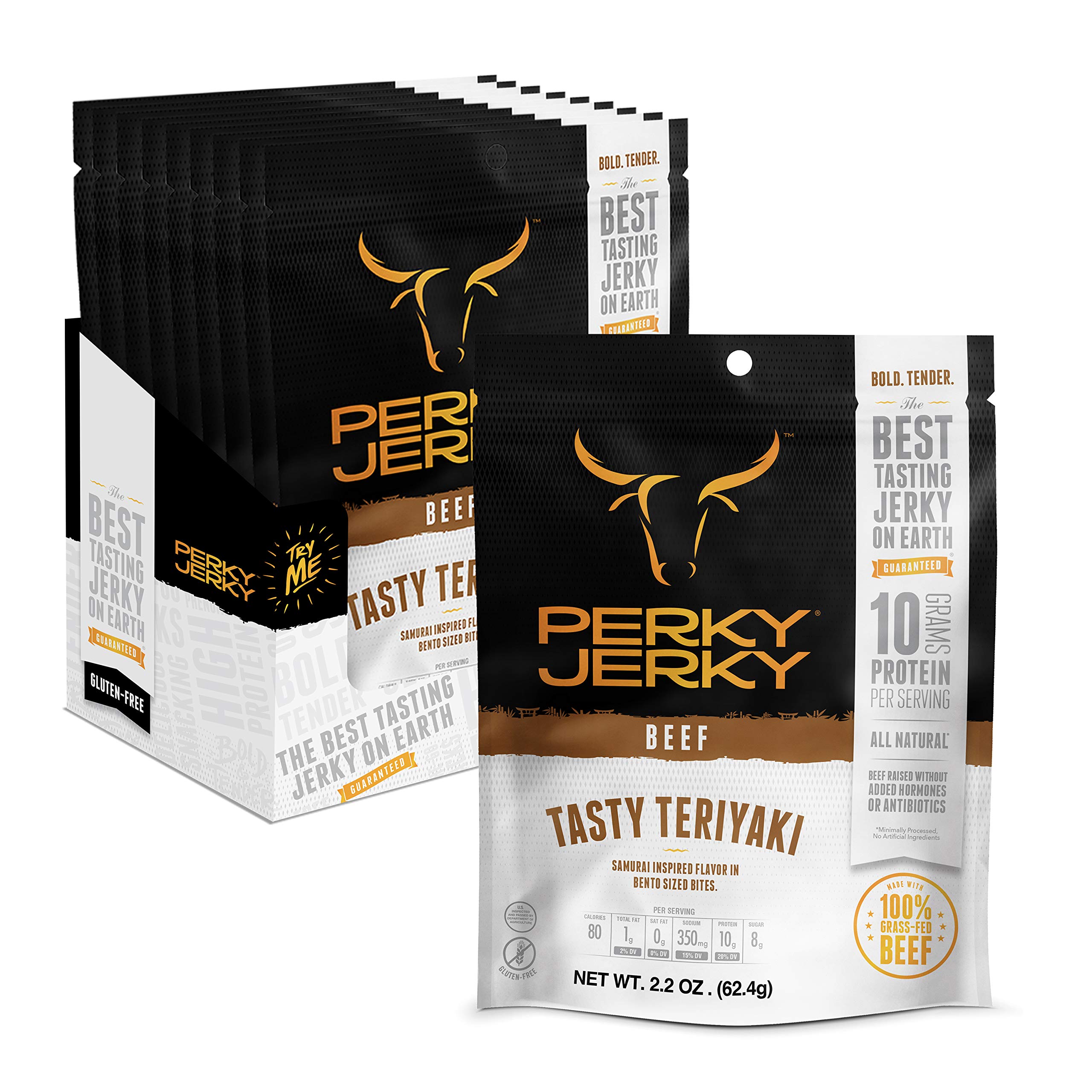 Tasty Teriyaki 100% Grass Fed Beef Jerky, 2.2oz (Pack of 12) - Antibiotic Free - 10g Protein Per Serving - Low Fat - Tender Texture