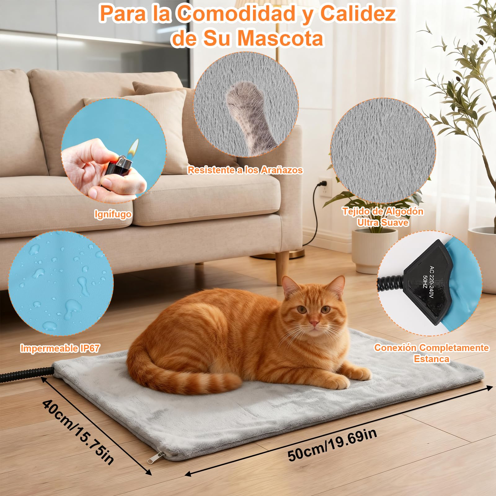 Manta Térmica para Gato Manta Electrica Mascotas Manta Electrica Perro,para Perros 6 Ajustes de Temperatura,Temporizador,Incombustible,Impermeable,40 * 50cm