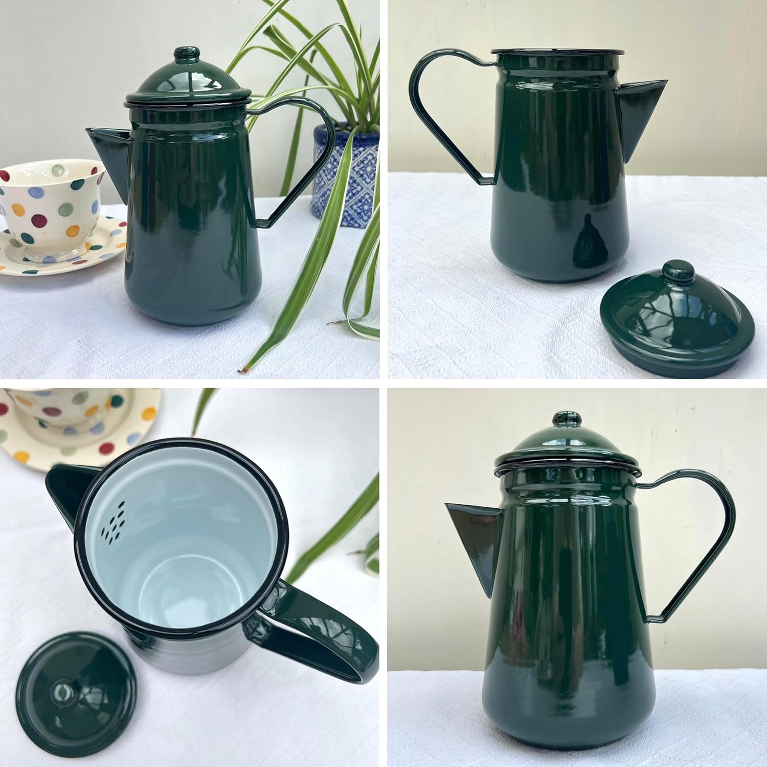 Elegant Traditional Green Enamel Coffee Pot – 1.5 Pint Capacity, Ideal for Home and Outdoor Use with Handle and Lid