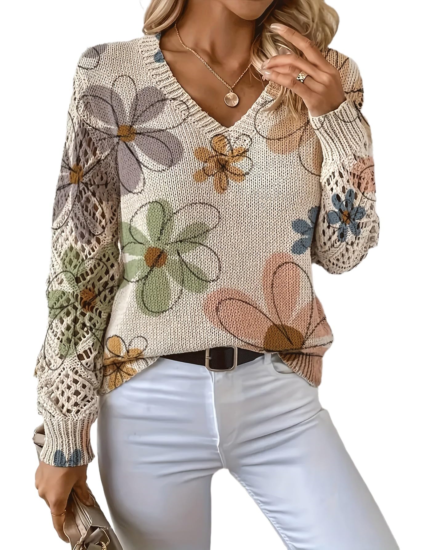 Mywinway Boho Sweater for Women Fall Winter V Neck Floral Printed Hollow Out Long Sleeve Knitted Casual Pullover