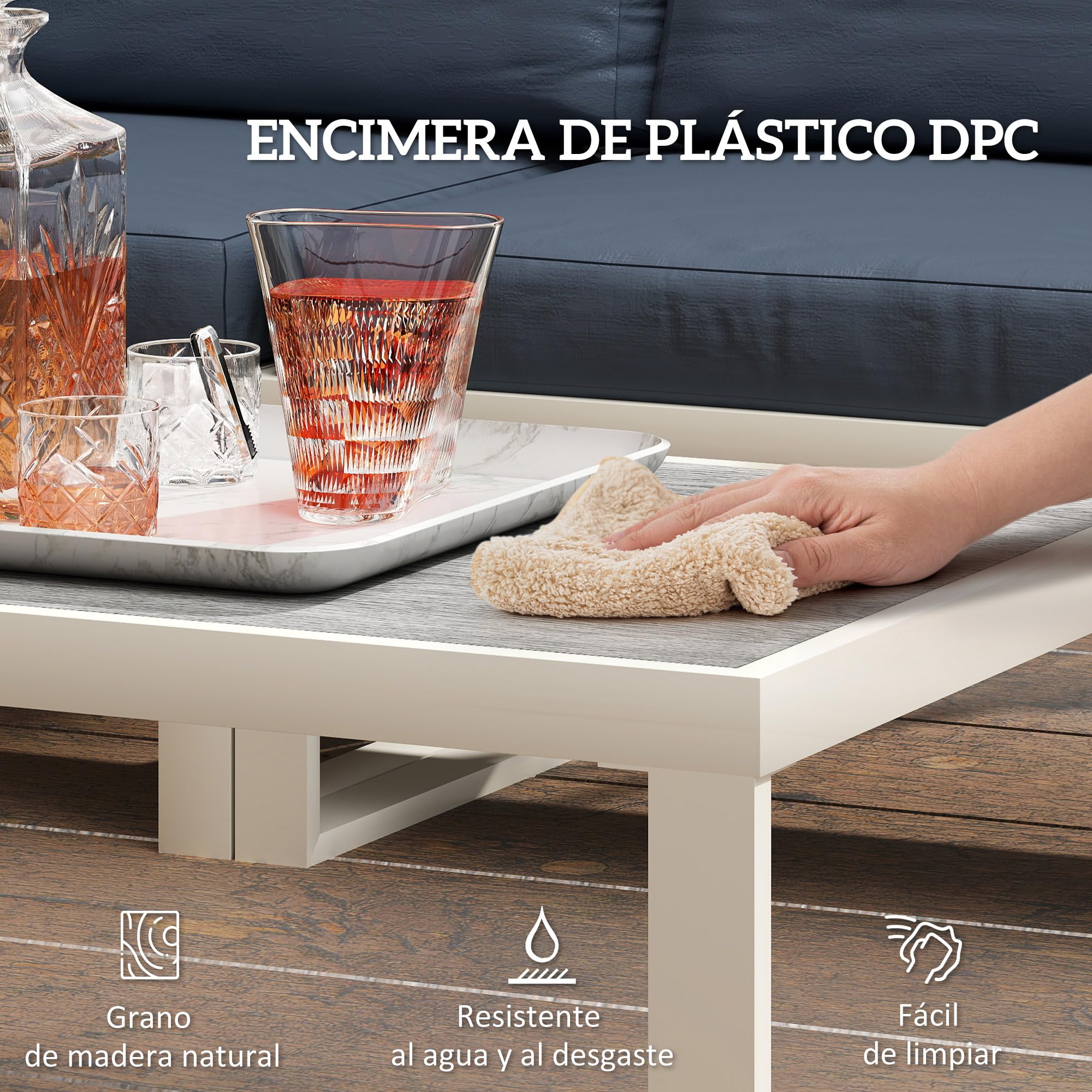 Outsunny Conjunto de Muebles Jardín Exterior de 4 Piezas Sofá Exterior Seccional Forma de L con 2 Sofás de 2 Plazas Sofá de Esquina con Asiento Ajustable y Mesa Centro de DPC con Cojines Beige y Gris