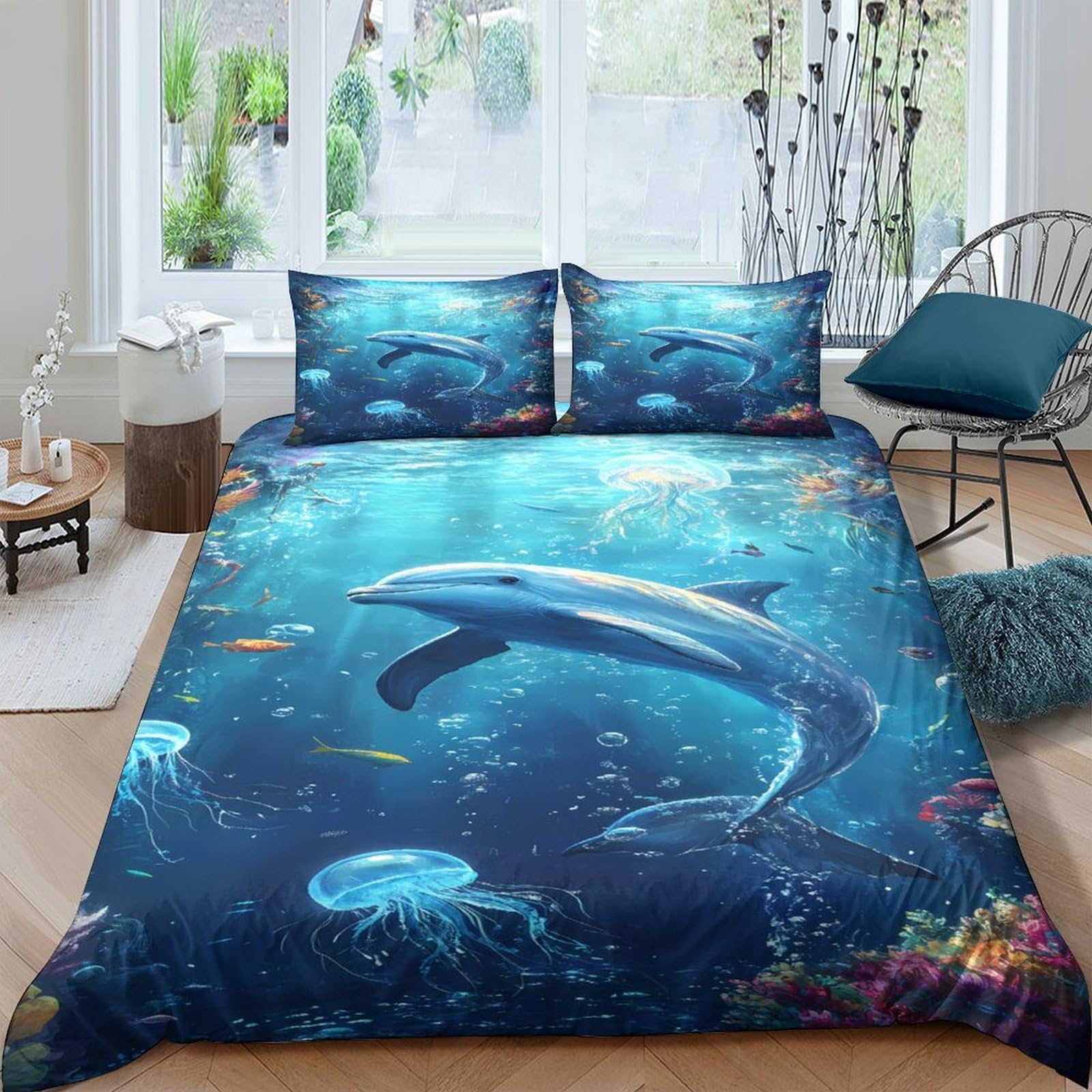 Ctjqhvkz Style-5 3D Printed Ocean Dolphin Fitted Sheet Microfiber Soft Blue Underwater Scene Bed Cover For Bedroom Guest Room Single（135X200cm）