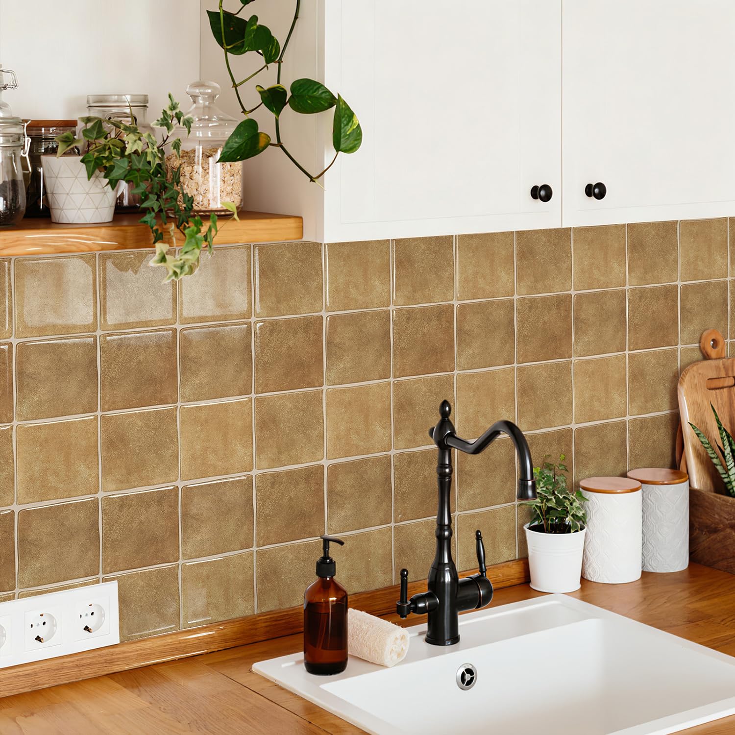 Alwayspon 25.4x25.4cmx10Pcs 3D Vinyl Wall Tile Sticker, Peel and Stick Self-Adhesive Waterproof Splashback Stick on Tile Decals for Kitchen Bathroom Wall, Tan — image 1