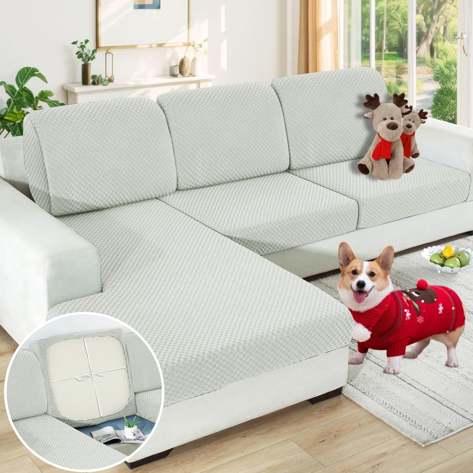 【Clearance】 Stretch Individual Cushion Covers Sofa Loveseat Seat Cushion Slipcovers Soft Couch Cover Replacement Large Checkered Furniture Protector with Elastic Bottom (2 Pc Cushion Cover, Ivory)