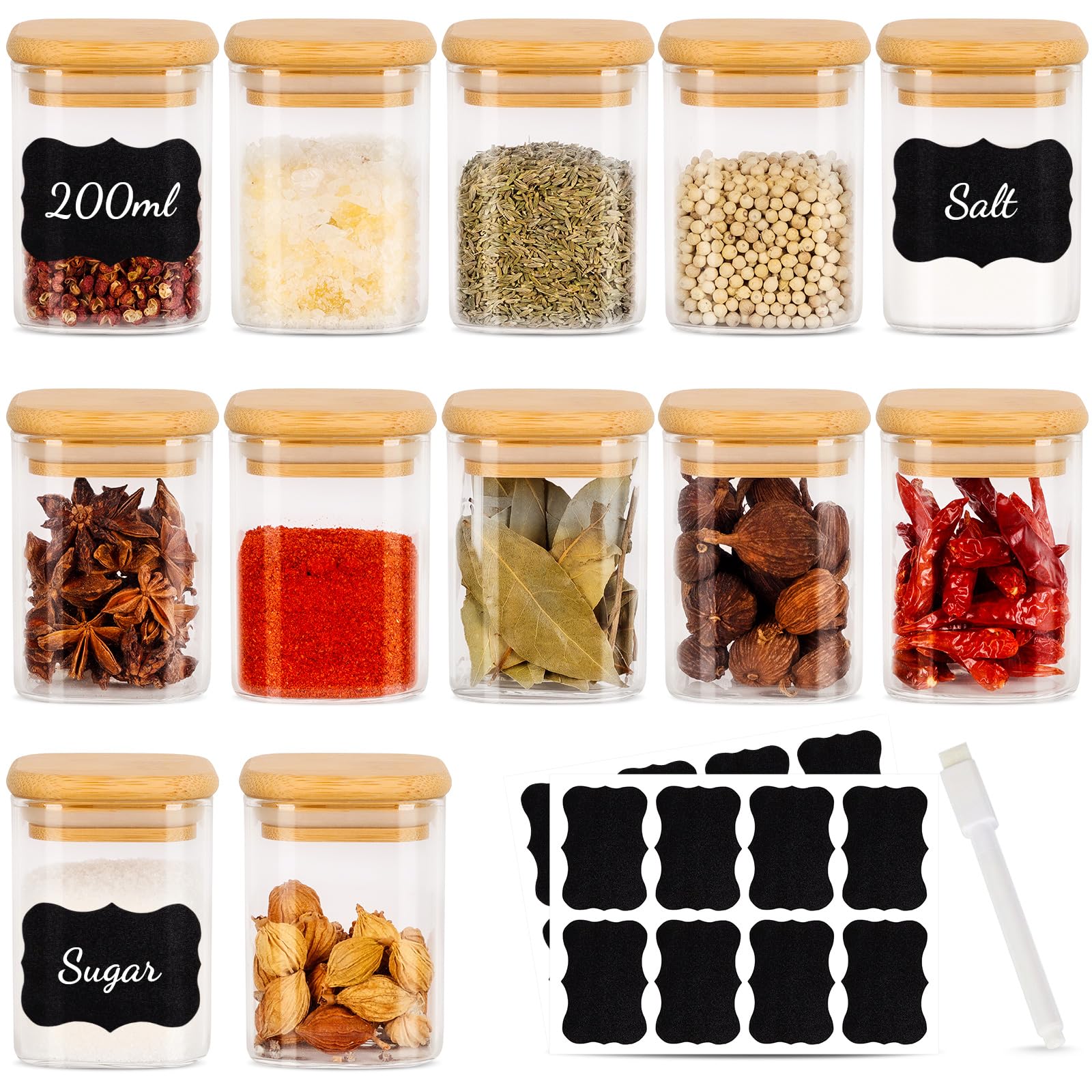 Solvant 12er Set Gewürzgläser eckig 200 ml luftdicht mit Holzdeckel,Gewürzdosen Set Glas,Gewürzbehälter Spice Jars Set,Gewürze Aufbewahrung,Gewürzstreuer,Gewürzaufbewahrung