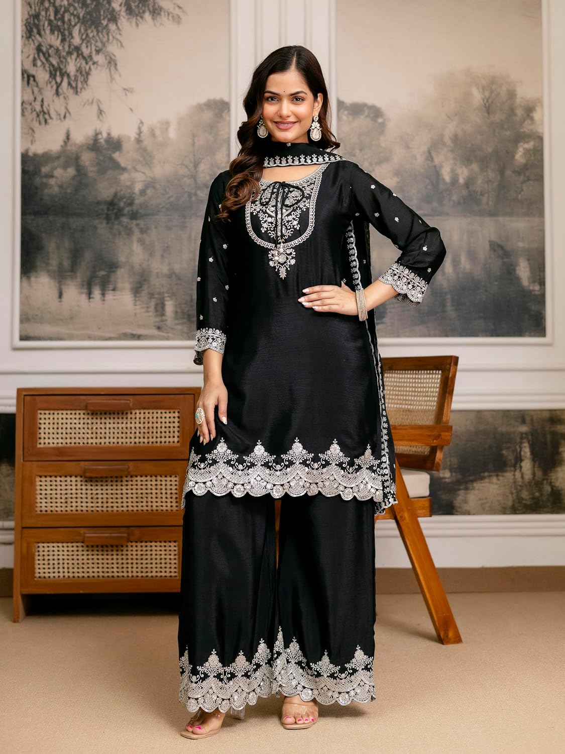 TRENDMALLS 女性用 チノン 刺繍 シーケンス ワーク クルタ パラッツォ ドゥパッタ 女性用