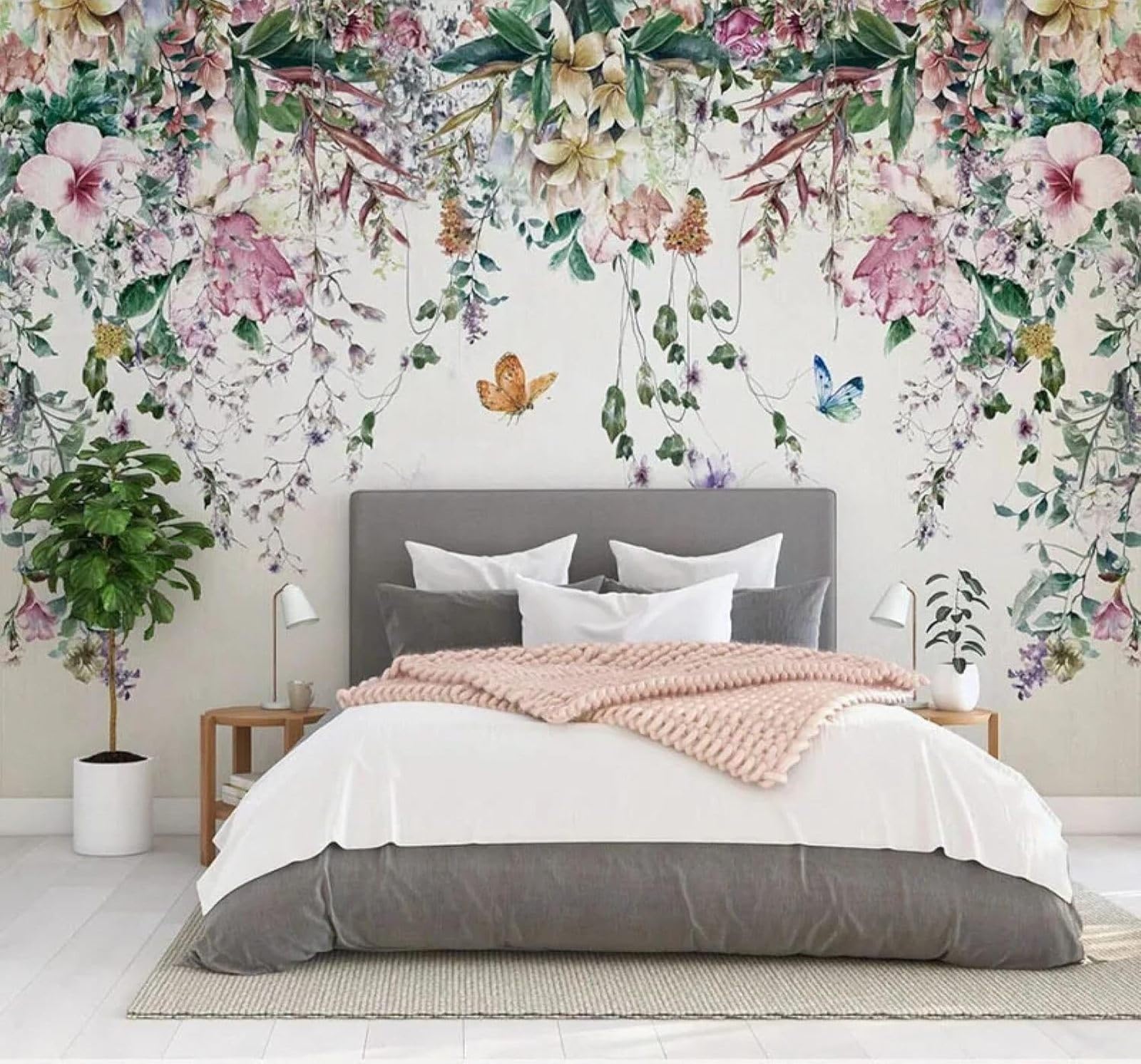 Xlming 400Cm×280Cm(B×H) Beautiful Watercolour Vines Flowers Butterflies 3D Wallpaper Luxury Home Dining Decor Paste Sofa Living Room The Wall For Bedroom Mural-400Cm×280Cm