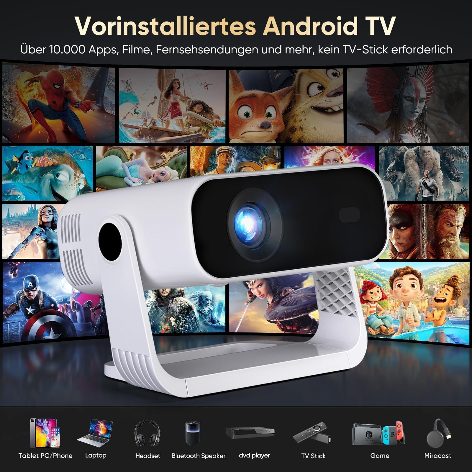 2026 Neuer Smart Mini Beamer Integrierte APP, Android 14, Unterstützt 1080P und 4K-Dekodierung,Automatische Trapezkorrektur, WiFi6 & BT5.2 ，Beamer 4K Heimkino für Handy/HDMI/PC