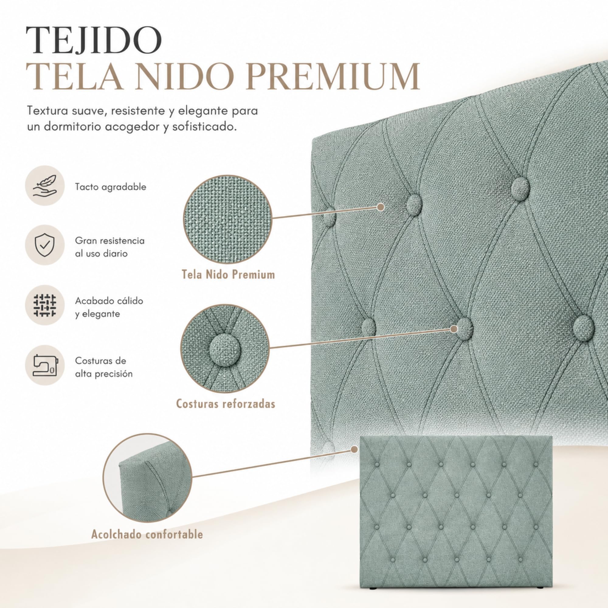 FISIO Dreams Cabecero Tapizado Londres para Cama 90, 105, 135, 150, 160, 180 y 200 cm| Cabezal Acolchado con Patas | Tela Nido Acualine | Fabricado en España