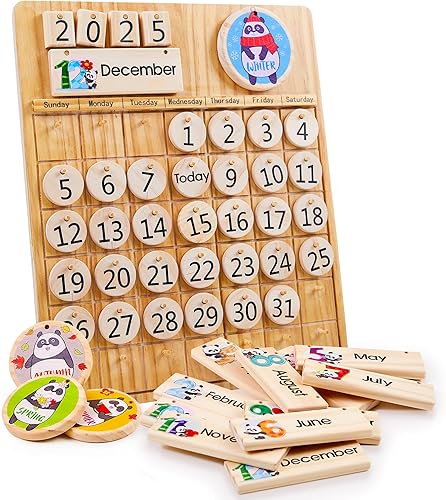 Panda Brothers Calendario perpetuo de madera, juguete Montessori para niños, temporadas de aprendizaje, meses y días del año, calendario preescolar