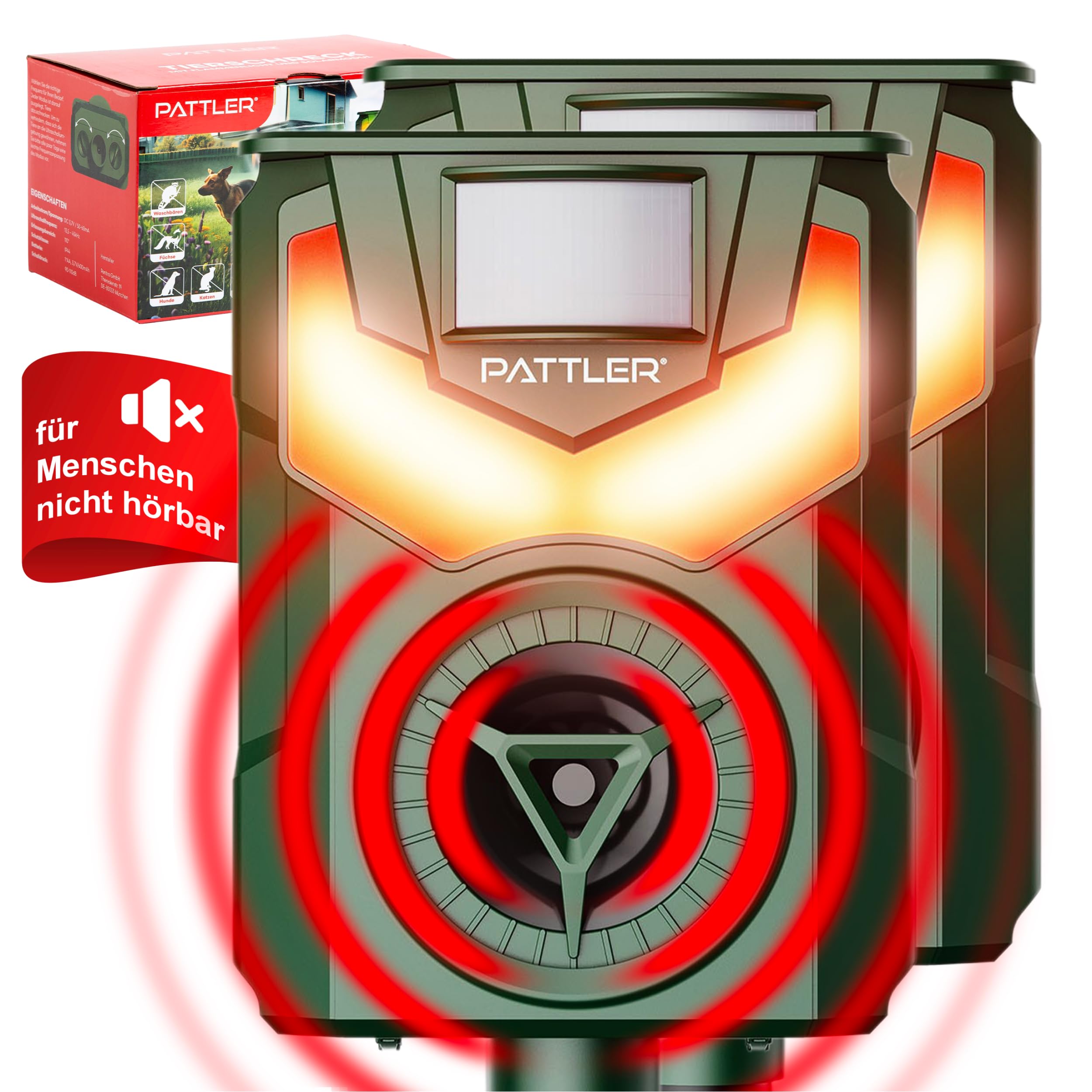 PATTLER® Tiervertreiber Ultraschall Solar 2er Set – Katzenschreck & Marderschreck mit PIR Bewegungssensor 10m – Flammenlicht & LED-Blinklicht – Geräuschfrei Ultraschall Tierabwehr für Garten & Outdoor