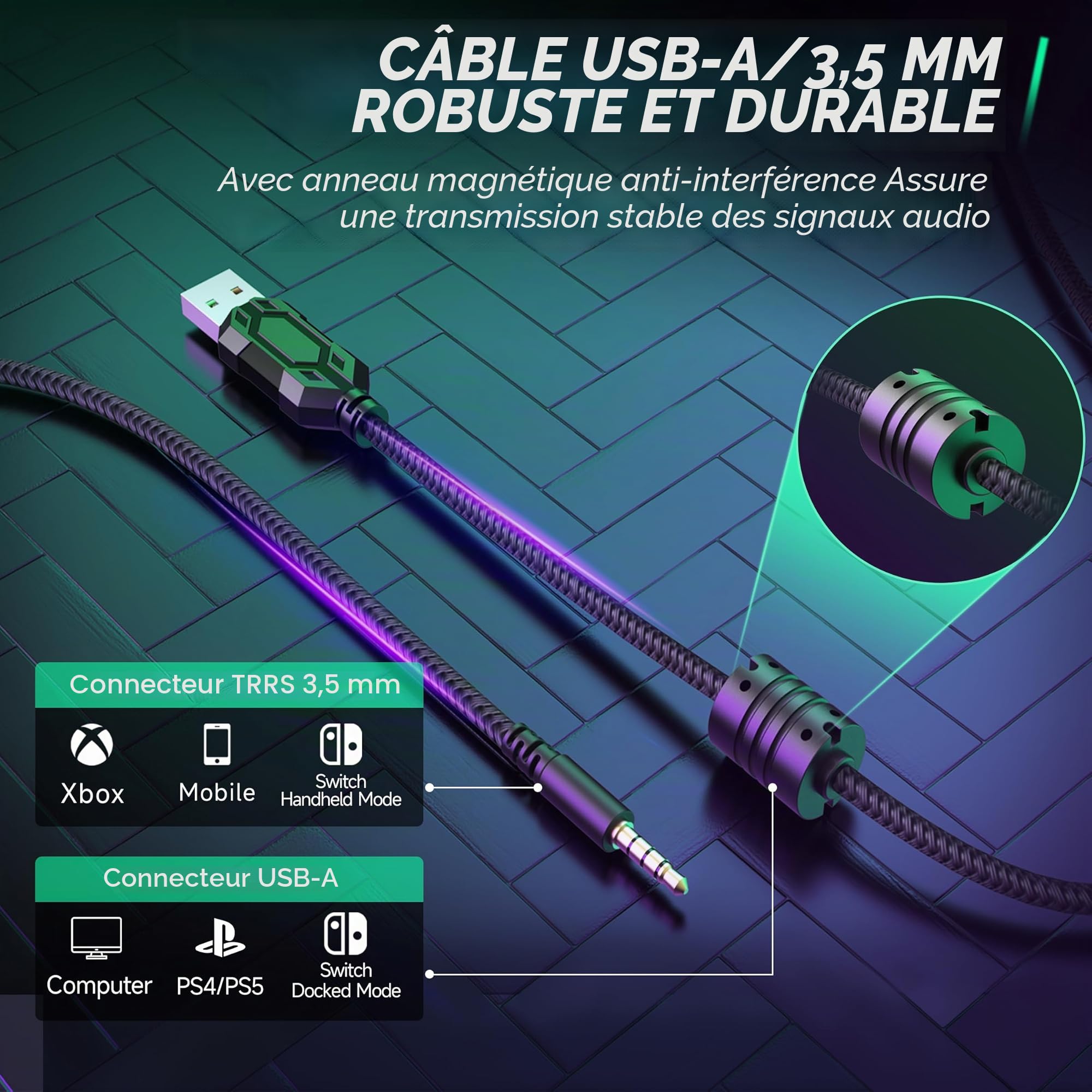 FIFINE Casque Gamer PC, Casque Gaming avec Micro pour PS4 PS5 Xbox Switch, avec Son Surround 7.1, Microphone détachable, boîtier de Commande, Prise Casque 3,5 mm