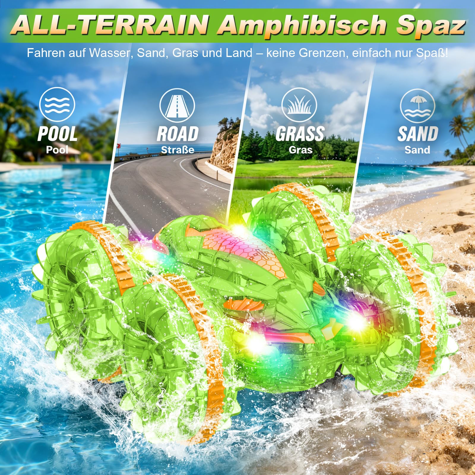 MidiVix Macchina anfibia telecomandata, 90 minuti di gioco, 2,4 GHz, double-face, con luce LED, rotazione a 360°, piscina e attività all'aperto, regalo per bambini da 6 a 12 anni, verde e arancione