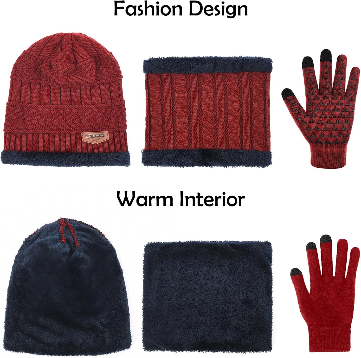 3-Pieces Winter Beanie Hat Gloves Scaef Thick Lined Warm Knit Hat Touch Screen Gloves Neck Warmer Cold Weather Men & Women