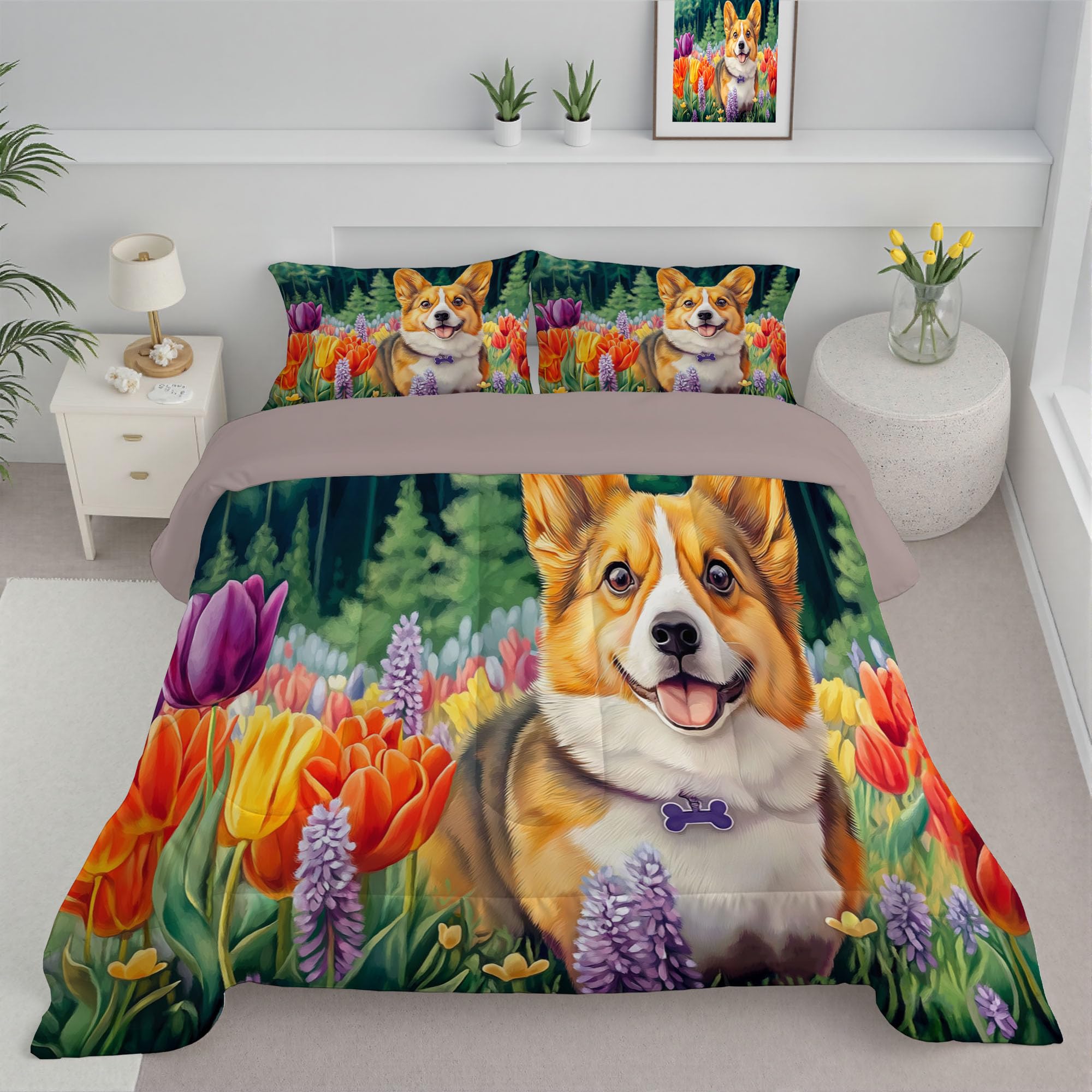 Juego de ropa de cama de Corgi para un dormitorio verde nórdico