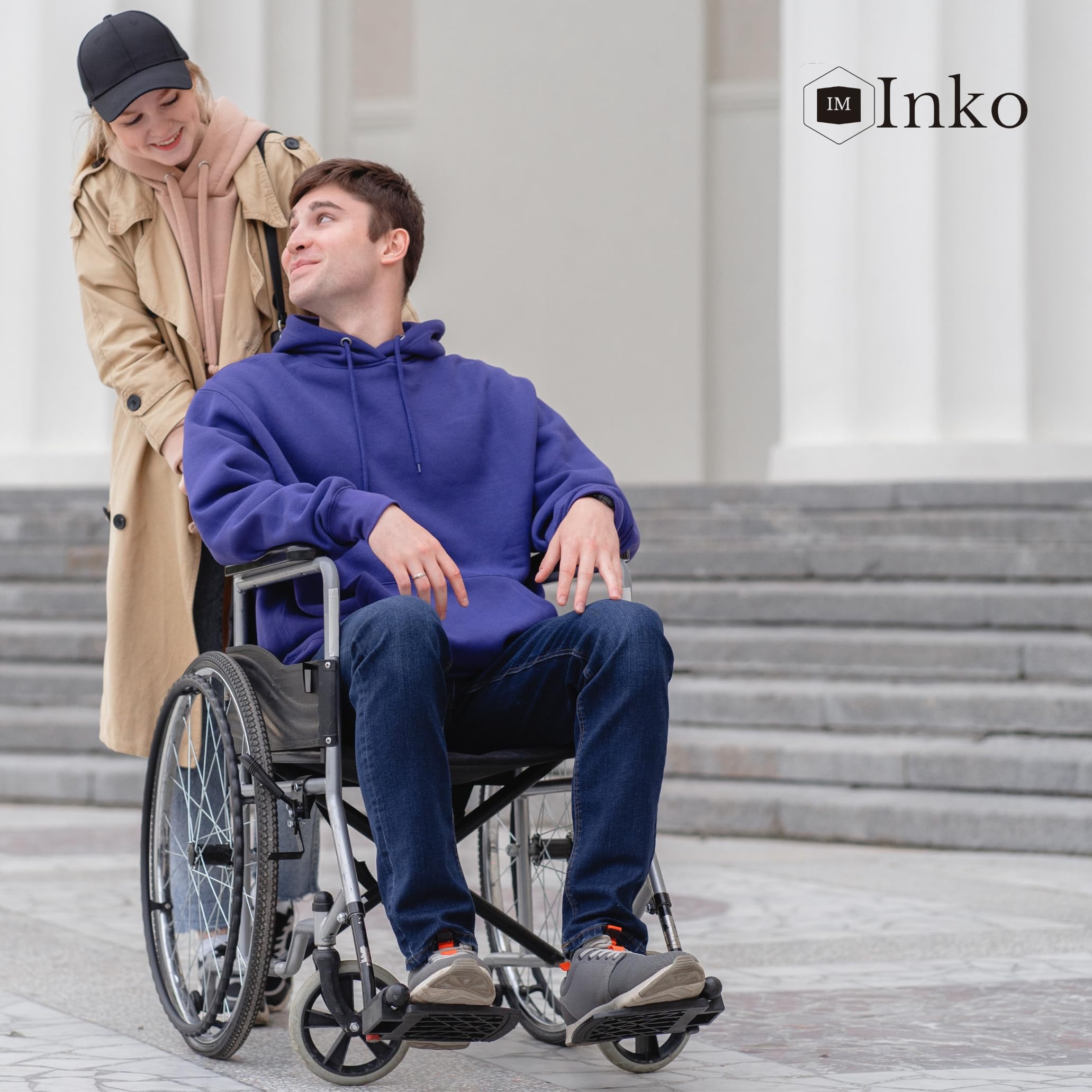 Inko Mobility Silla de Ruedas Plegable Ligera, Estable y Segura, Silla de Ruedas de Paseo para Adultos, Ancianos y Mayores, Dispositivo Antivuelco Incluído, Estrecha y Resistente, Wheelchair