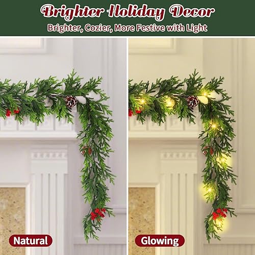 Miniatura 4 de Guirnalda de Navidad preiluminada de 6 pies con luces, guirnalda de cedro realista con bayas rojas, cono de pino artificial de tacto real, guirnalda
