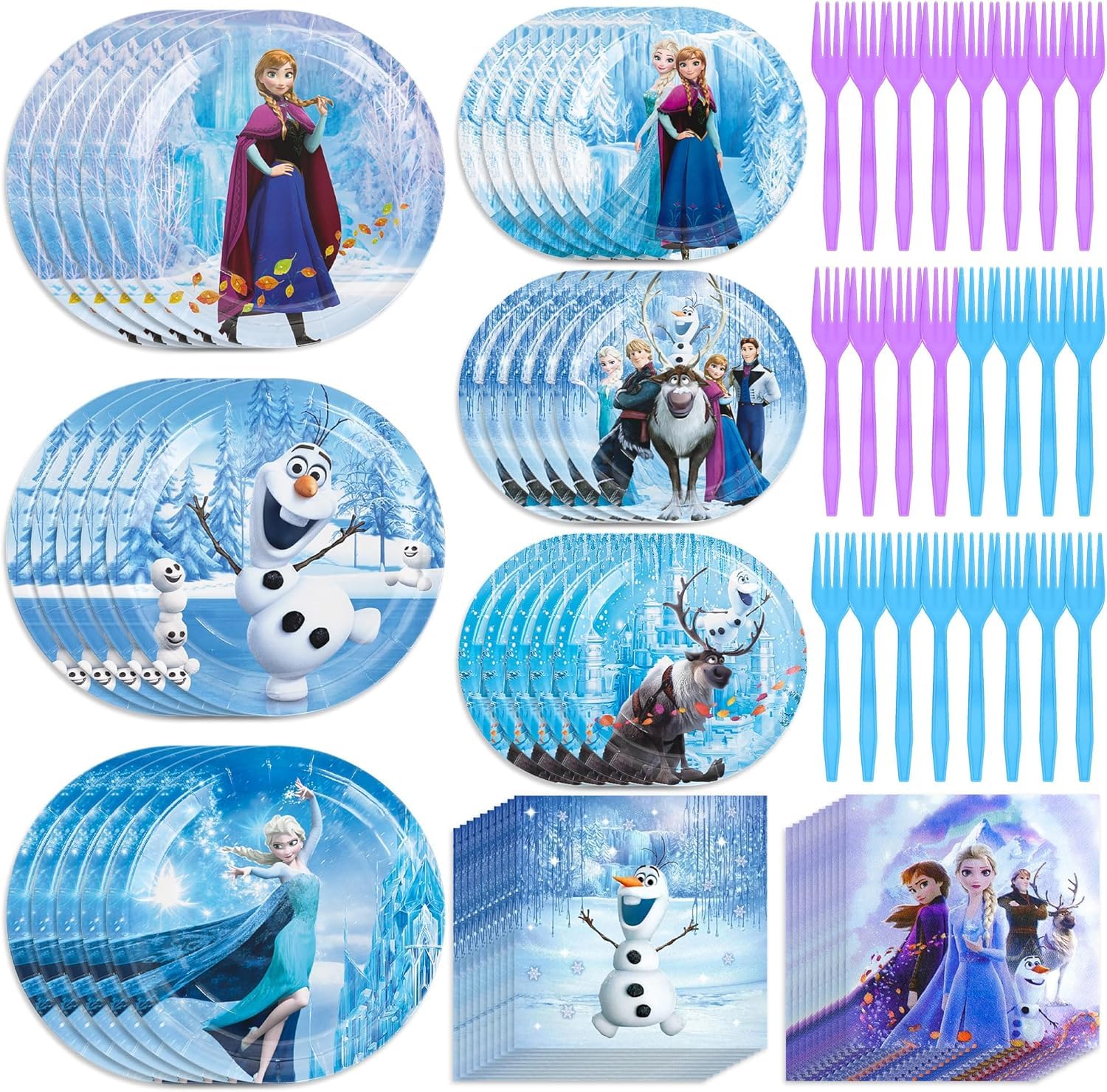 124 PCS Cartoon Theme Birthday Decoration, Blue Styles Party Supplies. Including 9″ and 7″ Paper Plates,Napkins and Forks for 30 Guests. Birthday Tableware Sets for Boys,Girls and Kids Party Favors