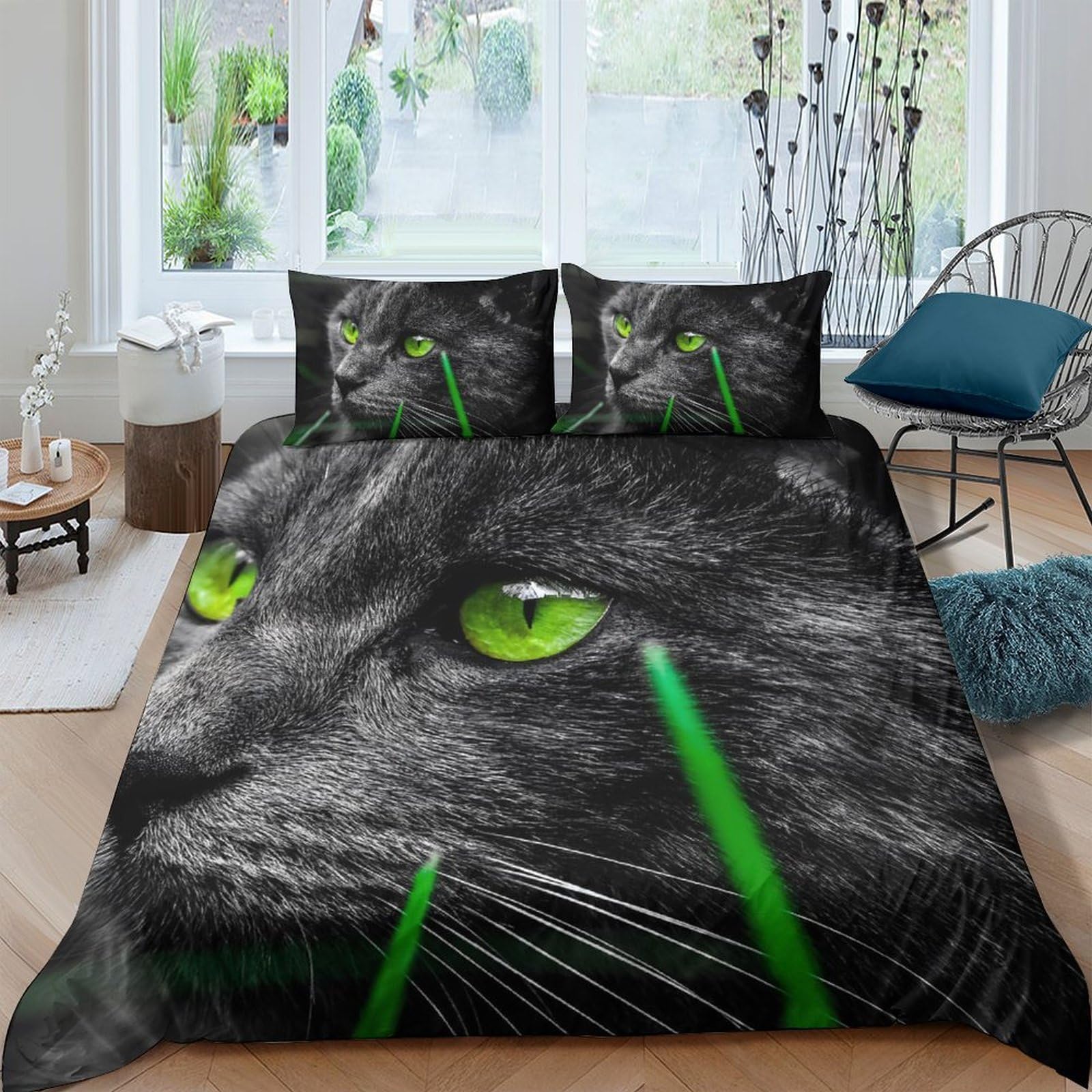 GPLZQXKJNH 3D Printed Green Eyed Cat Duvet Cover Microfiber Soft Breathable Black Cat Bedding Set with 2 Pillowcases for Bedroom Decor Single（135x200cm）