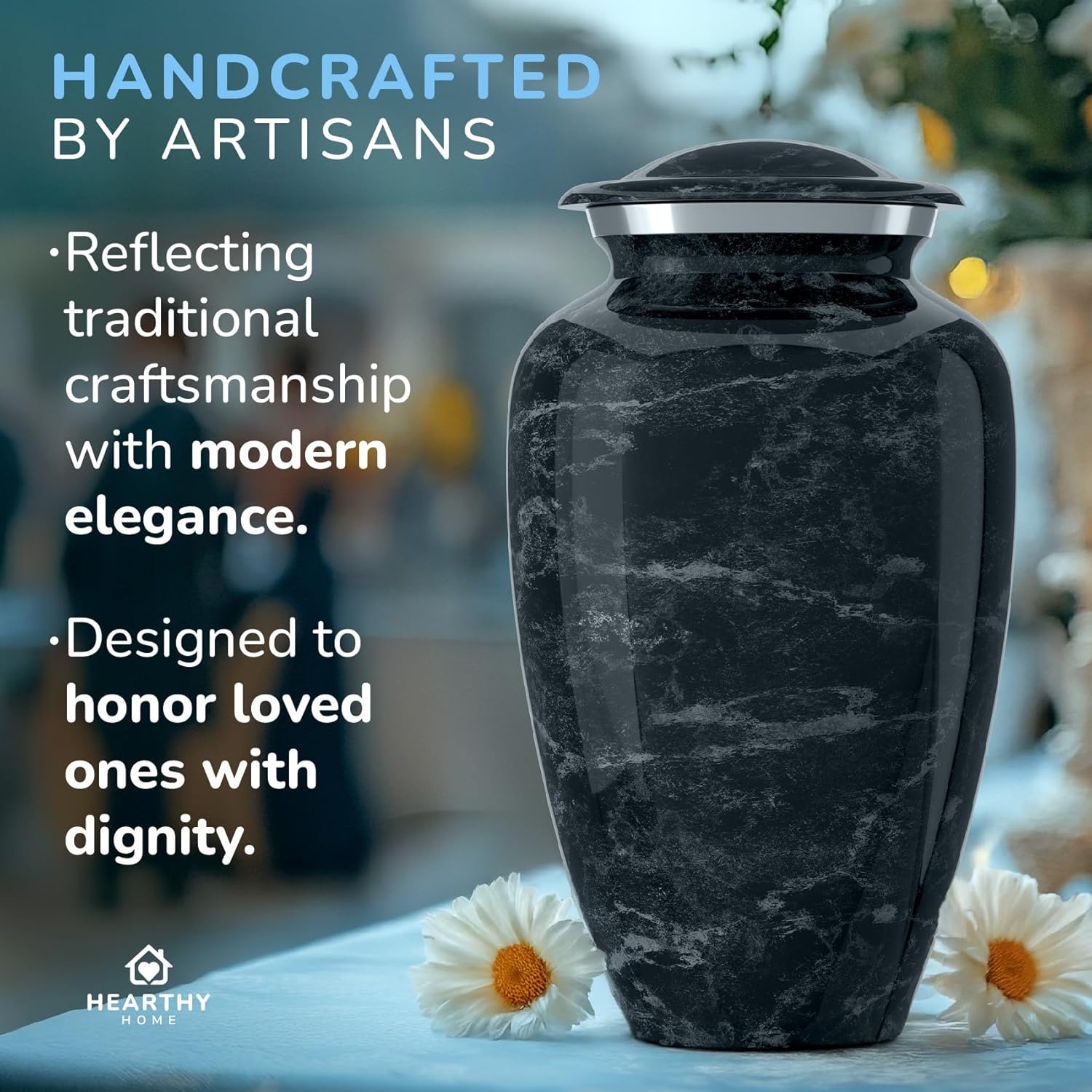 Large Handcrafted Urn for Ashes Adult Male and Female - Cremation Urns for Human Ashes Adult Man and Woman - Decorative Funeral Urns - Memorial Urn with Black Marble Finish - Large (10.5" H x 6.25" W) - Image 7