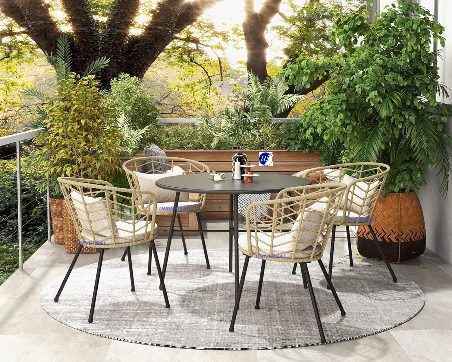 UF Patio 5-Piece Outdoor Dining Set, All-Weather Patio Dining Table Chair  Set, Round Dining Table with Umbrella Hole and Steel Frame Wicker Chairs