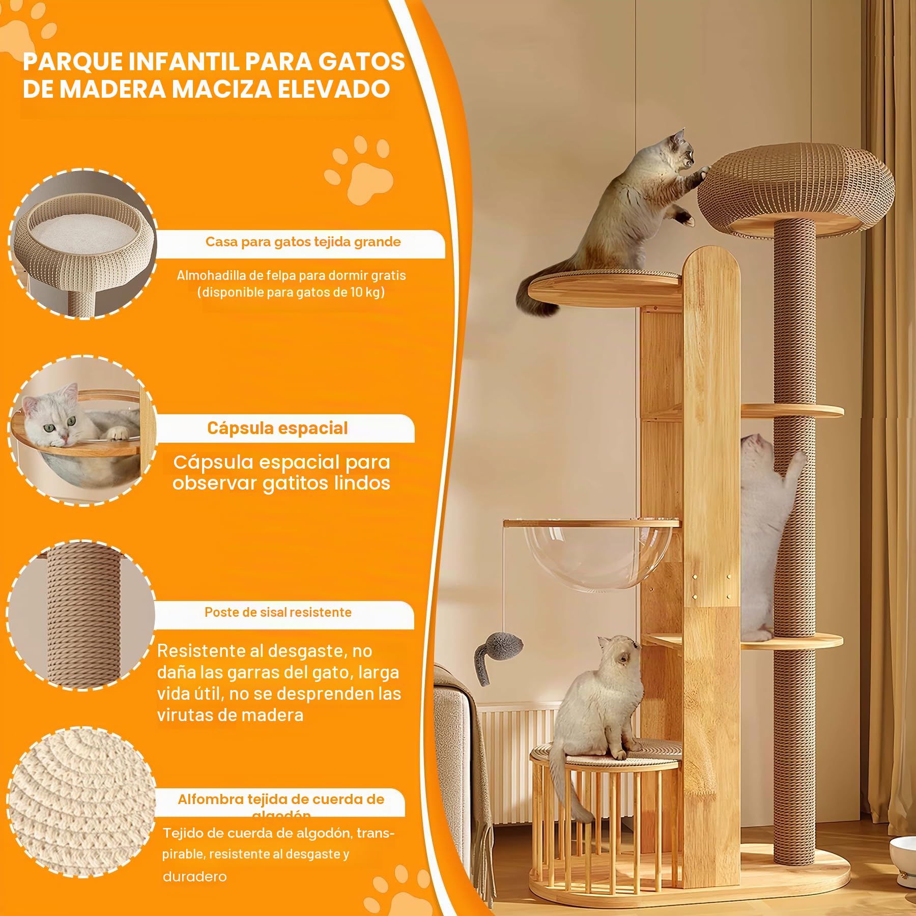 Árbol rascador de madera diseño 190 cm grande - Premium árbol para gatos grandes con postes envueltos en sisal, 3 plataformas, 1 casa escondida y cápsula de astronauta, centro de juego estable