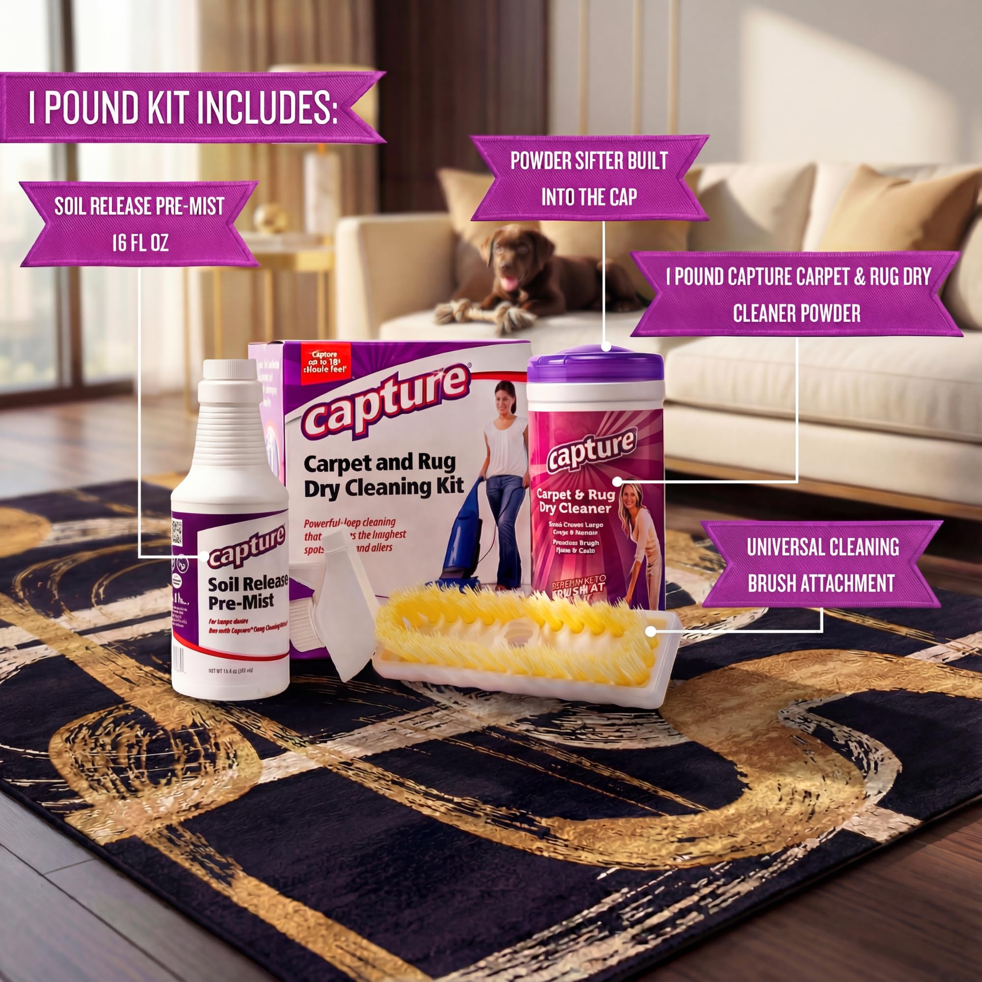Capture Carpet Total Care Kit 100 - Home Couch and Upholstery, Car Rug, Dogs & Cats Pet Carpet Cleaner Solution - Strength Odor Eliminator, Stains Spot Remover, Non Liquid & No Harsh Chemical