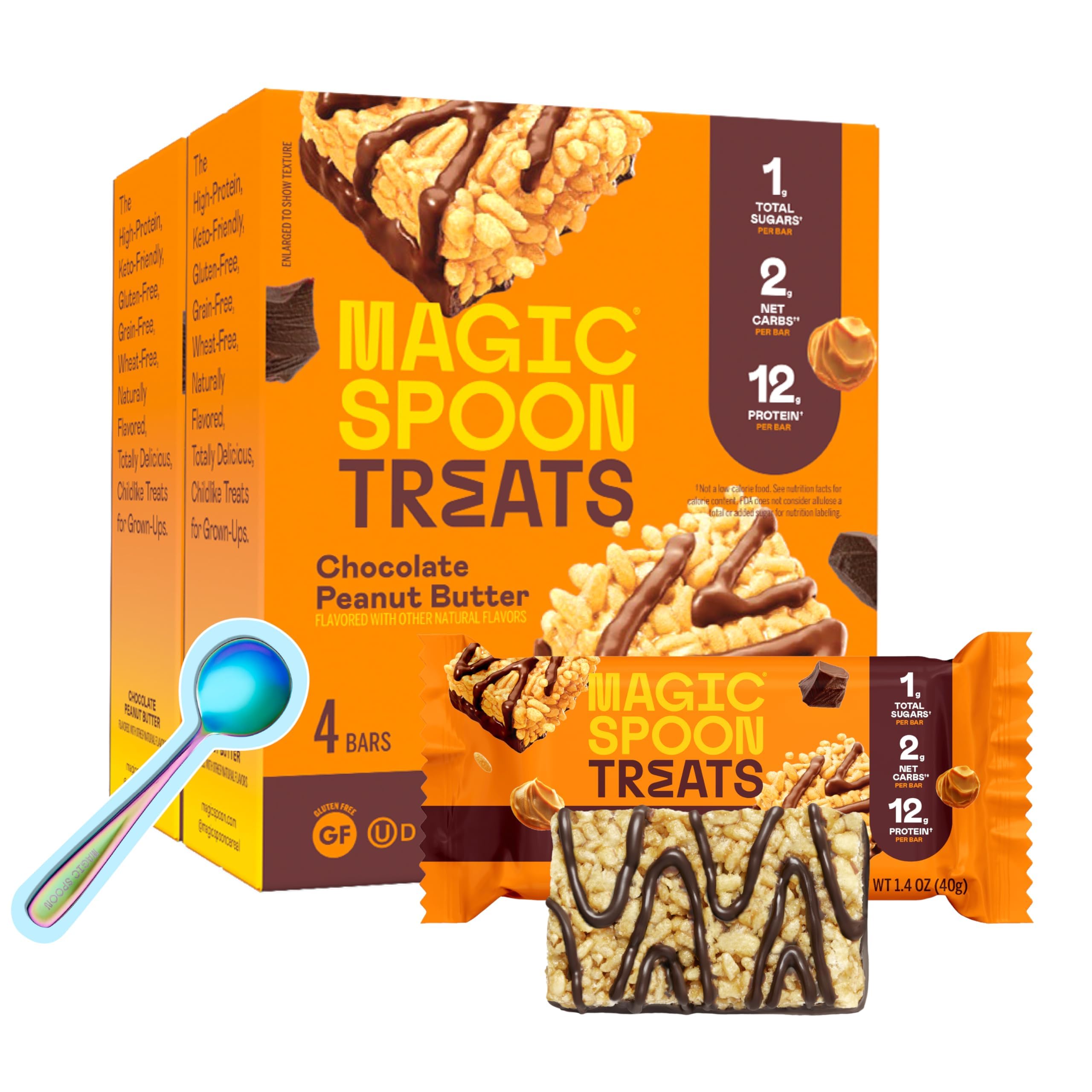 Magic Spoon Treats with Exclusive Spoon - 8 Bars, Chocolate Peanut Butter - High Protein Gluten Free Snack - Sugar Free Protein Cereal Bar - Low Carb & Keto Friendly Protein Bars