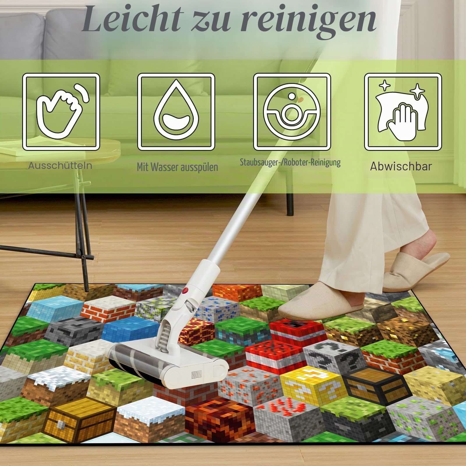 Block-Spiel-Teppich für Teenager, Jungen, Teppich mit Pixel-Spielelementen, Dekorationsmatte, Würfel-Block-Spielteppiche für Jungen-Schlafzimmer, Wohnzimmer, Spielzimmer, rutschfeste