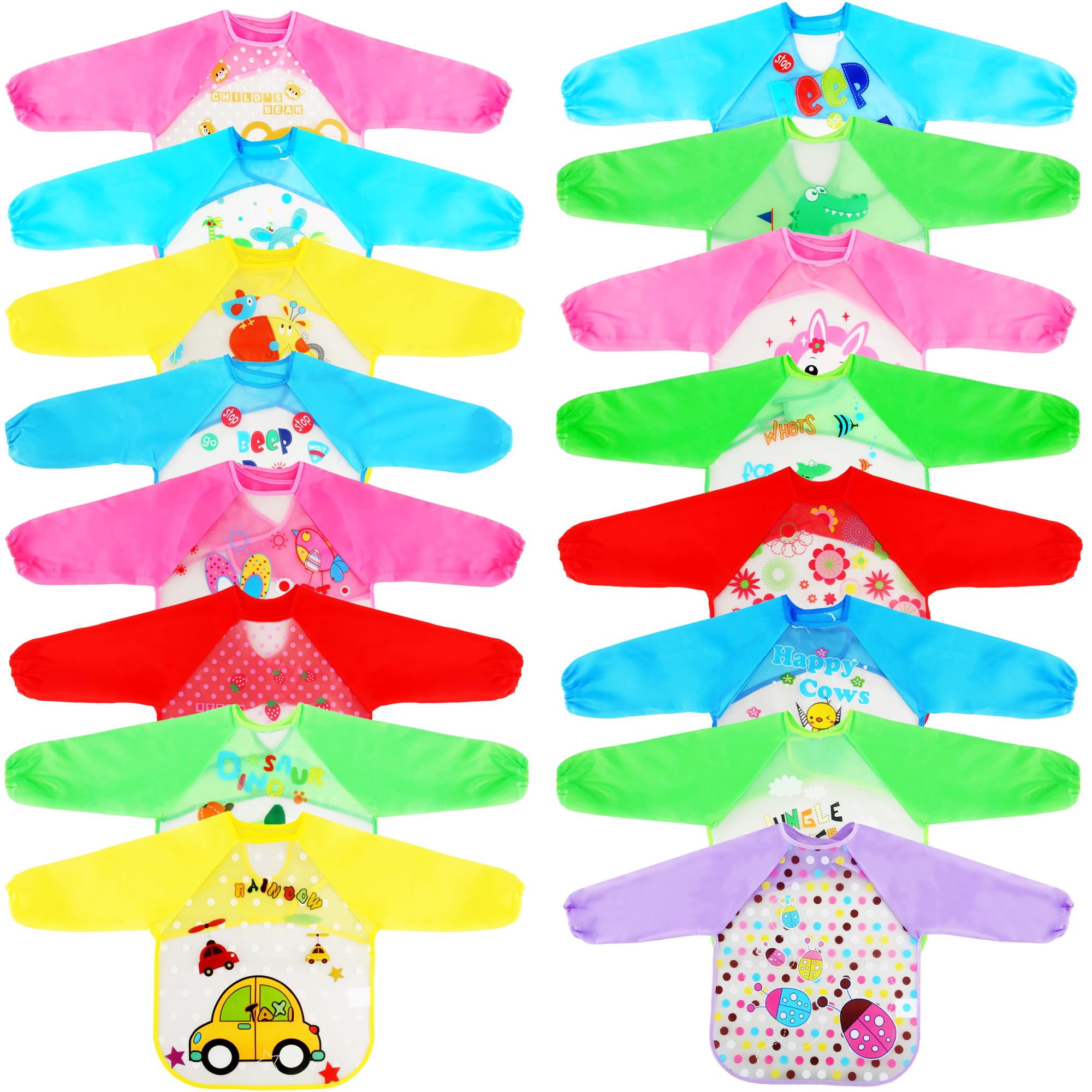 Flotory 16 Pcs Kids Art Smock Painting Smock Waterproof Apron Long Sleeve Washable Aprons for Boys Girls Drawing Cooking Crafting Eating, 16 Styles