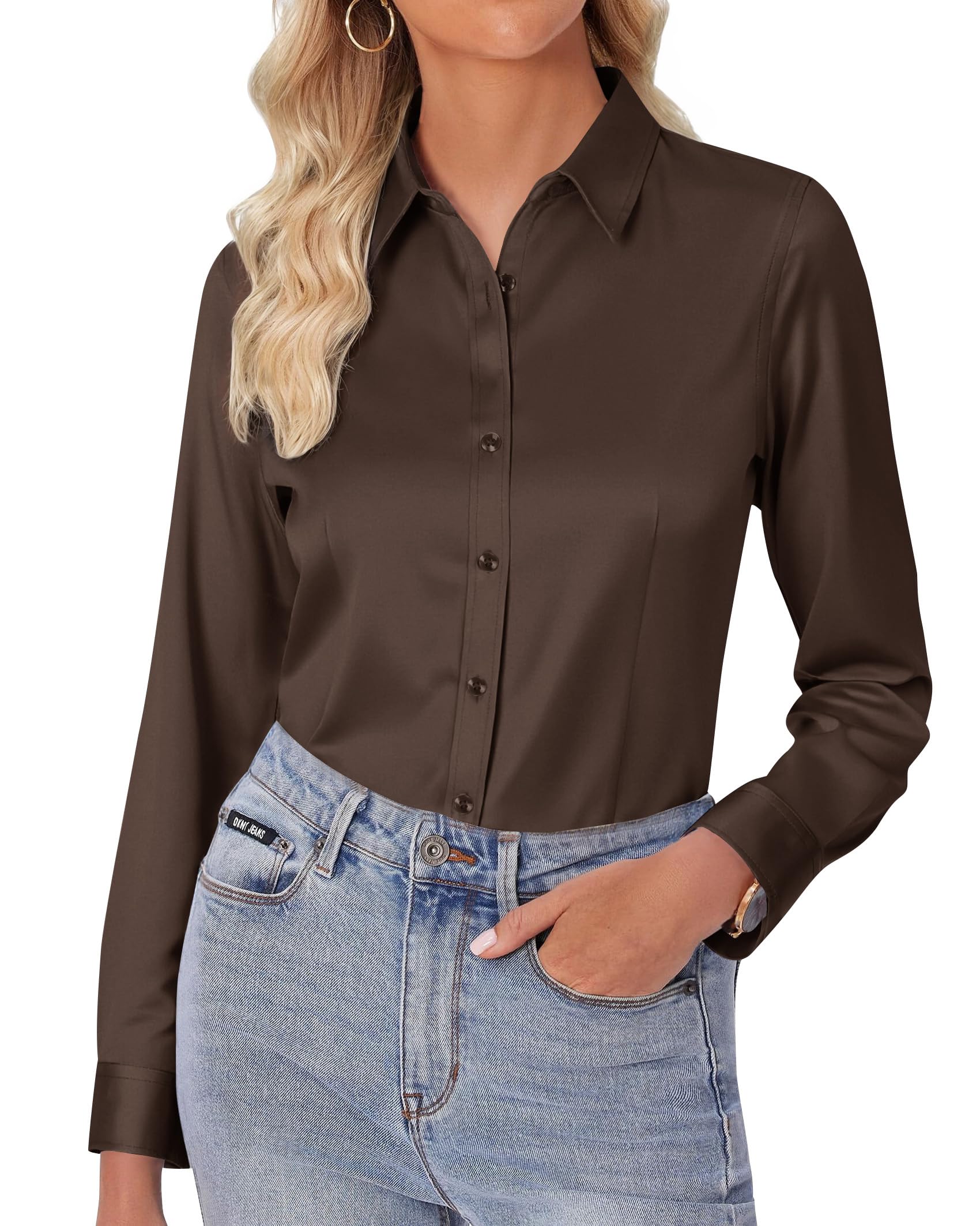 siliteelon Damen Bluse Bügelfrei Regular fit Oberhemden Frauen Unifarben Stretch Freizeithemden Businesshemd Anzug Hemd